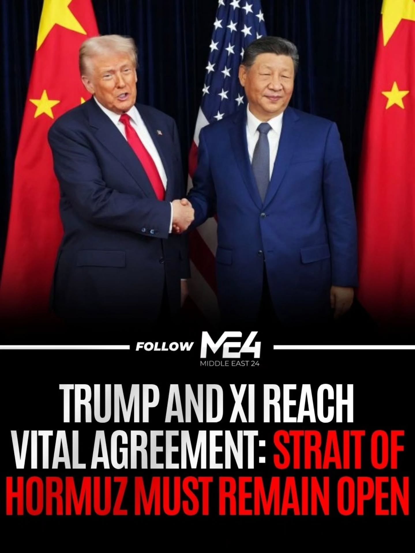 📍 Washington / Beijing
US President Donald Trump and Chinese President Xi Jinping have reached a critical consensus to ensure the Strait of Hormuz remains open for the uninterrupted flow of global energy. According to a White House readout released today, the leaders of the world’s two largest economies emphasized the strategic necessity of maintaining stability in this vital maritime chokepoint amidst rising regional tensions.
The agreement marks a rare moment of direct coordination between Washington and Beijing on Middle Eastern security, as both nations seek to protect their economic interests from potential Iranian interference or regional escalation. By aligning on this "red line," the two powers are sending a clear message to Tehran that any attempt to disrupt energy supplies will face a unified international response.
Beyond regional security, the meeting touched on key bilateral issues. The White House confirmed that Trump and Xi discussed expanding cooperation to curb the flow of fentanyl precursor chemicals into the US, a major priority for the Trump administration.
Additionally, the leaders explored boosting Chinese imports of US agricultural goods, signaling a push for improved trade relations alongside their shared geopolitical goals.
Follow @middleast24 for updates on the Trump-Xi summit and the Strait of Hormuz crisis.