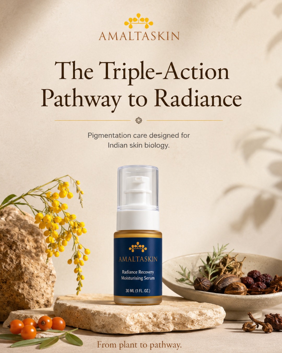 The Triple-Action Pathway to Radiance
Most pigmentation serums only focus on surface-level brightness.
Radiance Recovery was designed to work differently — targeting discoloration across multiple biological pathways for visible and long-term results.
01 — Surface Level
Encourages gentle cellular turnover to help fade existing dark spots and improve texture.
02 — Enzyme Level
Helps inhibit tyrosinase, the key enzyme involved in melanin production.
03 — Cellular Level
Supports melanin regulation at the source for healthier, more balanced-looking skin over time.
Designed specifically for the ageing biology of Indian skin.
From plant to pathway. Link in Bio.
#amaltaskin #pigmentationcare #indianskin #skinbiology #glowingskincare #barrierrepair #hyperpigmentation #luxuryskincare