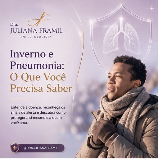 ❄️ O frio chegou e com ele aumentam os casos de doenças respiratórias como a pneumonia.
Atenção deve ser dada quando surgem febre persistente, tosse intensa, falta de ar ou cansaço excessivo.
🫁 A pneumonia pode evoluir rapidamente, especialmente em:
👶 crianças
👵 idosos
🤰 gestantes
🫀 pessoas com imunidade baixa ou doenças crônicas
Pequenos cuidados fazem diferença:
✔️ mantenha ambientes ventilados
✔️ hidrate-se bem
✔️ evite automedicação
✔️ mantenha vacinas atualizadas
✔️ procure avaliação médica diante de sinais persistentes
⚠️ Diagnóstico precoce pode evitar complicações.
Cuidar da saúde respiratória também é uma forma de proteger quem você ama. 💜
Dra. Juliana Framil
Infectologista
CRM 151988
Agendamento de consultas: (11)93388-8689
#Pneumonia #DoençasRespiratórias #Inverno #SaúdeRespiratória #Infectologista #Bronquiolite #Gripe #Saúde #Medicina #DraJulianaFramil #BemEstar #Prevenção #CuidadosComASaúde #Pulmão #infecçãorespiratória