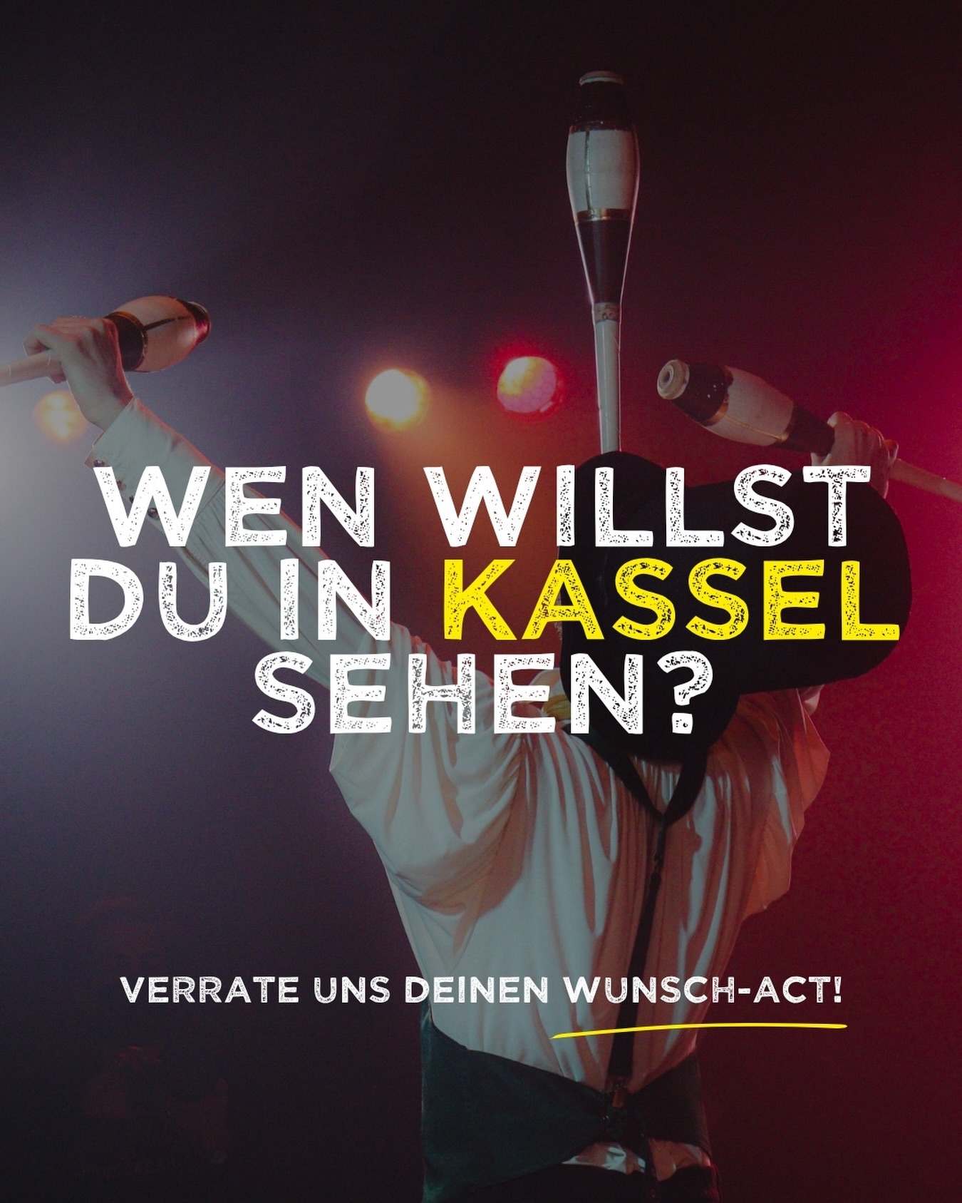 Wir jonglieren mit deinen Ideen 🤹
Wenn du unser Line-up frei gestalten könntest: Welchen Act MÜSSEN wir unbedingt holen? 🎪
Egal, wie außergewöhnlich dein Wunsch auch sein mag – wir wollen ihn hören! Verrate uns deinen Favoriten in den Kommentaren. 👇
Vielleicht geht dein Wunsch schneller in Erfüllung, als du denkst... 💭