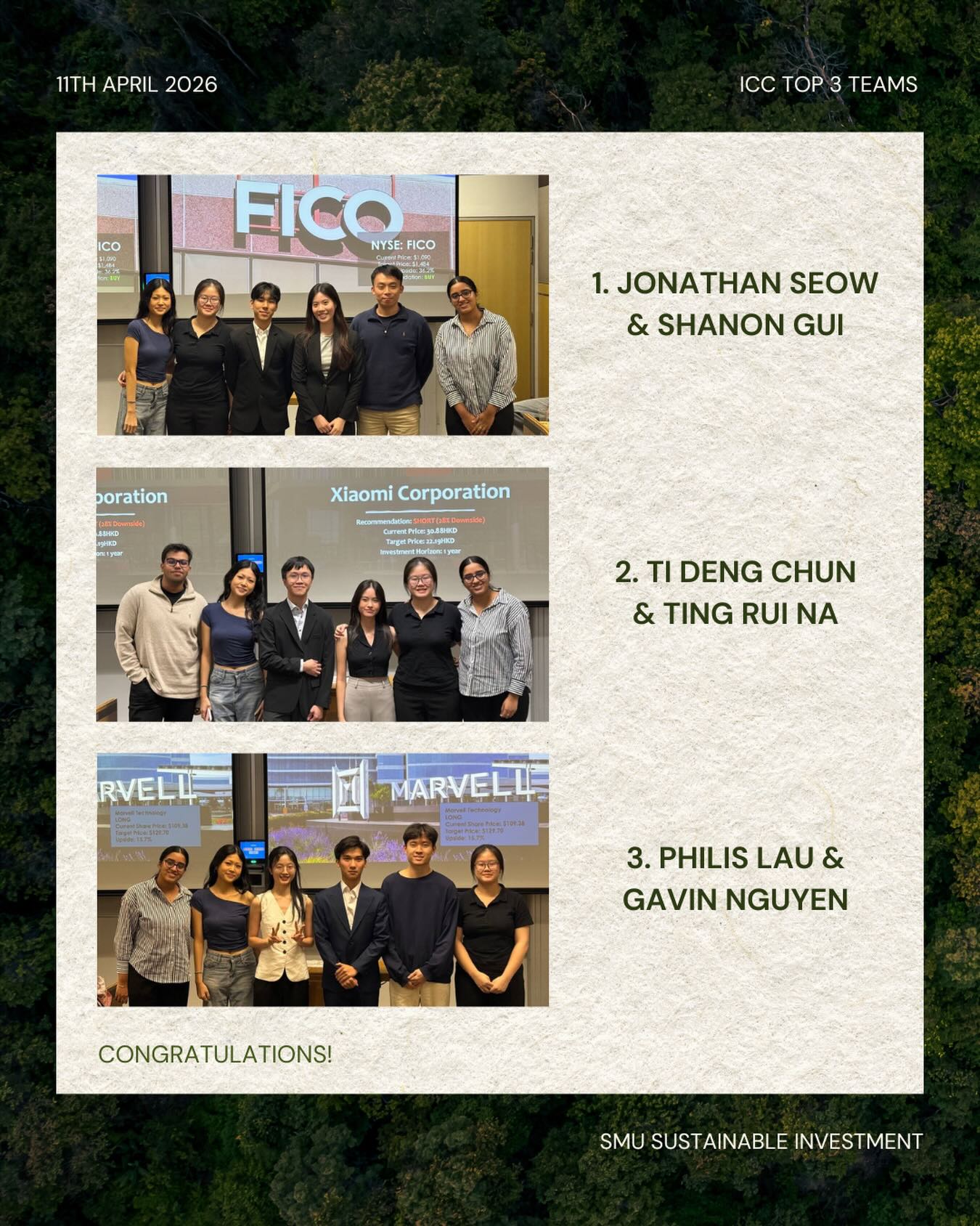 On 11 April, we held our first Internal Case Competition of the year which prompts our Investment Analysts to think critically to recognise gaps in the market and develop strategies for their respective brands ππ
A big shoutout to our top 3 winners, who pitched Fico, Xiaomi Corporation, and Marvell Technology, for their winning pitches that showcased strategic thinking!ππ
Huge thanks to all teams for bringing your A-game, creativity, and dedicationππ€©
#SustainableFinance #SMUSI #SMUSustainableInvestment