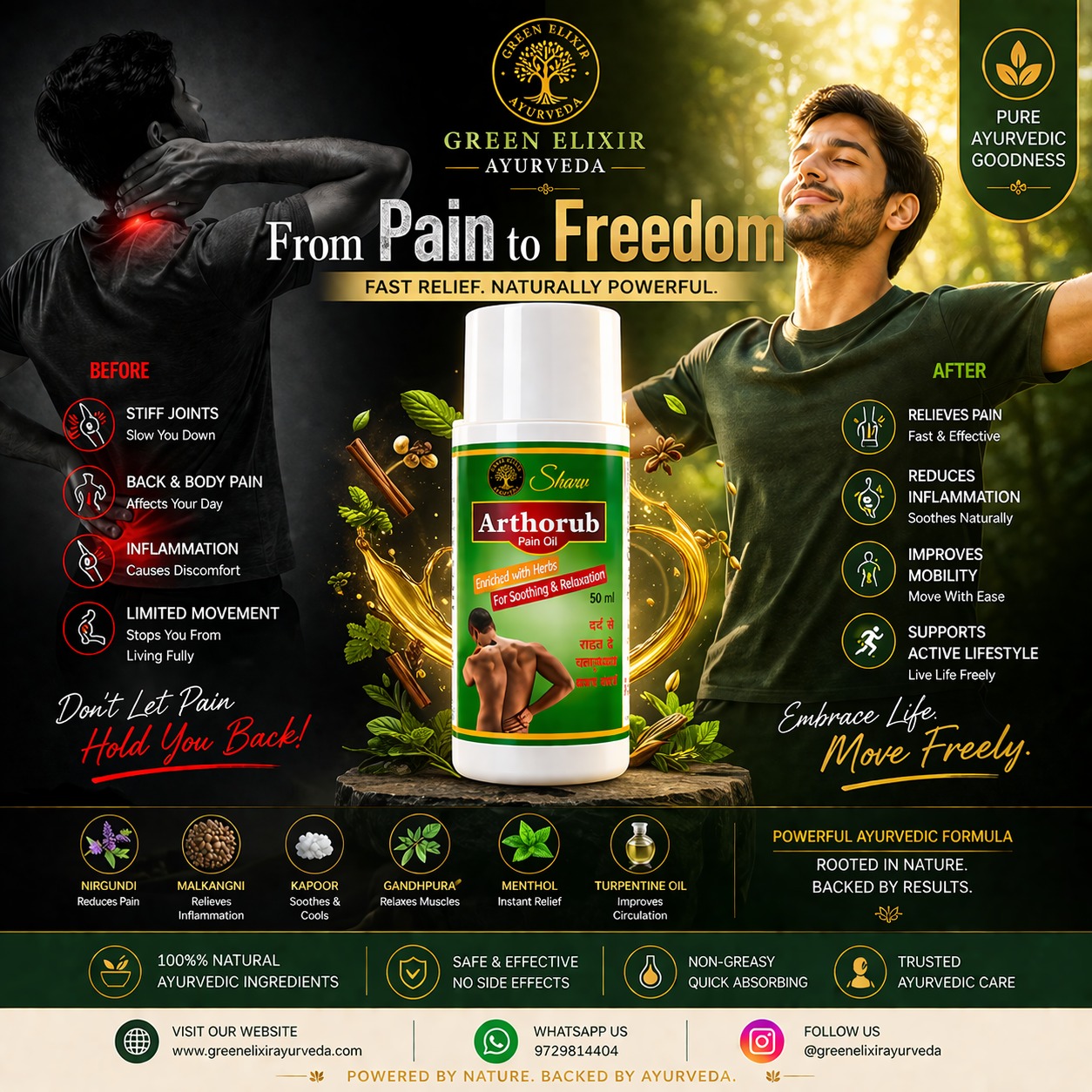 Still living with body pain, stiffness or inflammation?
It’s time to switch from temporary relief to natural recovery. 🌿
✨ Arthorub Pain Oil by Green Elixir Ayurveda is crafted with powerful Ayurvedic herbs like Nirgundi, Menthol, Kapoor & Gandhpura to help soothe pain, improve mobility and support an active lifestyle naturally.
💚 Fast absorbing
💚 Herbal formulation
💚 Daily wellness support
💚 Feel relaxed & move freely
Because life feels better without pain. ✨
📲 DM now for orders & details
📍 Follow for more Ayurvedic wellness tips
#ayurveda #painrelief #jointpain #backpain #neckpain #musclerelief #arthritisrelief #herbalhealing #naturalhealing #ayurvediccare #wellnessjourney #healthylifestyle #bodypain #greenelixirayurveda #reelsinstagram #viralreels #explorepage #trendingnow #viralpost #instagood #fitnessindia #healingnaturally #painfree #mobility #healthcare #organicliving #india #reelitfeelit #viralindia #instagramgrowthtips