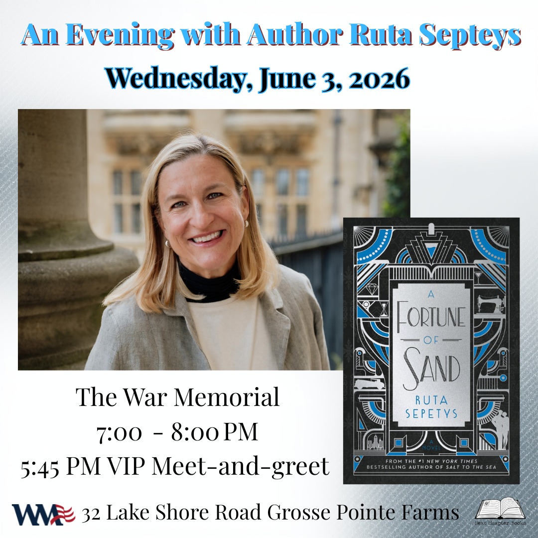 We are thrilled to partner with @thewarmemorial to welcome Ruta Sepetys, an internationally acclaimed and #1 New York Times bestselling author of historical fiction, for a special evening celebrating the launch of her latest novel, A Fortune of Sand!
Set in the fading splendor of 1920s Detroit, Septeys describes this, her first adult novel, as “a haunting mosaic of glamour and grift,” inspired by actual, long-buried historical events.
We hope you'll join us in welcoming a beloved author to the Detroit area, who has been published in over sixty countries and forty languages and is renowned for bringing overlooked histories to life through deeply human storytelling. 💜💛
5:45pm: Doors open for VIP Meet & Greet ticket holders
6:45pm: Doors open for General Admission ticket holders
7:00pm: Author Talk
Registration is required. You can do so on our website (link in bio)!
See you there!
#nextchapterbooksdetroit #indiebookstore #warmemorial #rutaseptey #detroitstory