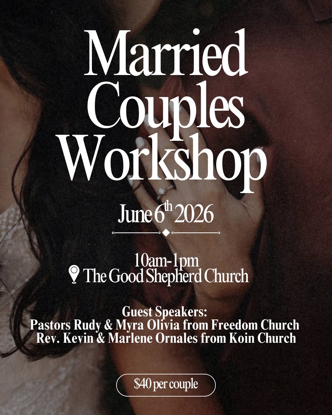 Marriage is one of God’s greatest gifts, and like anything valuable, it’s worth investing in.
Join us for our Married Couples Workshop on June 6th as we spend intentional time growing stringer together through biblical encouragement, practical wisdom, and meaningful conversation.
We’re excited to welcome special guest speakers:
Pastors Rudy & Myra Oliva from Freedom Church
Rev. Kevin & Marlene Ornales from Koin Church
Whether you’re newly married or have been together for years, this workshop is designed to strengthen, encourage, and refresh your relationship.
The cost is $40 per couple and registration can be found through the church center app! (Link in our bio)
We would love for you and your spouse to join us!