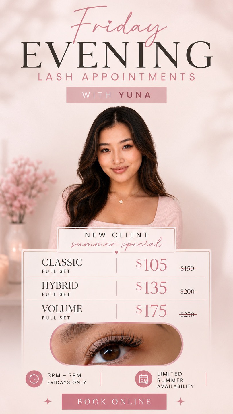 ✨ SUMMER LASH SPECIAL ✨
Friday evening appointments are now available with Yuna at Oh So Fabulash & Brows 🤍
For a limited time, we’re offering special intro pricing for NEW clients:
✨ Classic Full Set — $105
✨ Hybrid Full Set — $135
✨ Volume Full Set — $175
If you’ve been wanting to try lash extensions for summer, this is your sign 👀
Soft. Fluffy. Effortless.
Perfect for vacations, weekends, and everyday glam.
🕒 Fridays • 3PM–7PM
📍 Delray Beach
✨ Limited summer availability
Comment “LASH” and we’ll DM you booking info + available appointments 🤍
#DelrayBeachLashes #BocaRatonLashes #BoyntonBeachLashes #LashExtensions #volumelashes