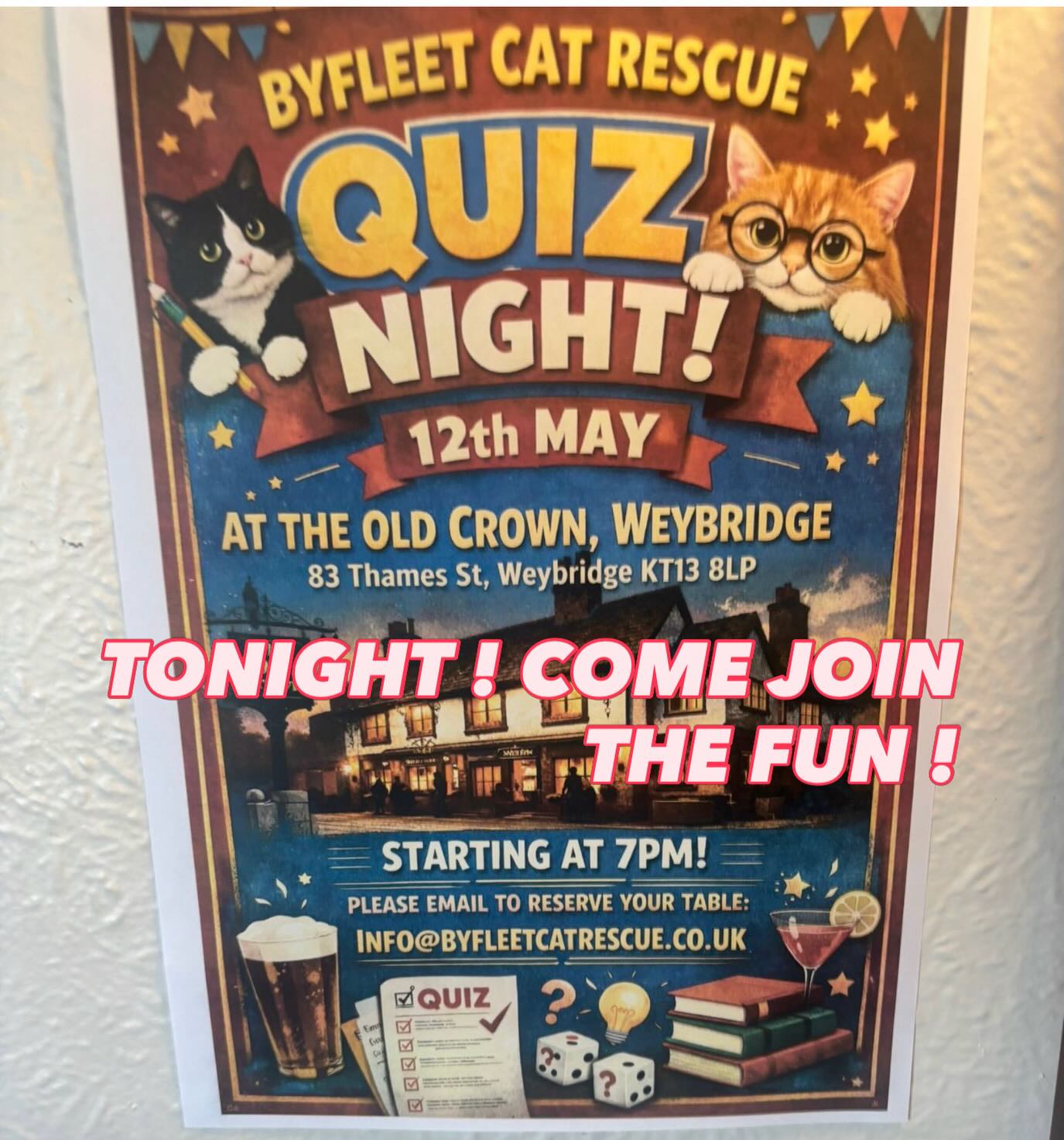 Don’t forget we’re at the Old Crown pub, Thames Street, Weybridge from 5pm onwards later today it’s in aid of a fantastic charity the @byfleetcatrescue - there will also be a fun quiz night, come along and test your knowledge and help raise funds for a great cause.
See you there ! 🐈🐈⬛🍻🍕
#oldcrownpub #byfleetcatrescue #byfleetmums #byfleetvillage #cats