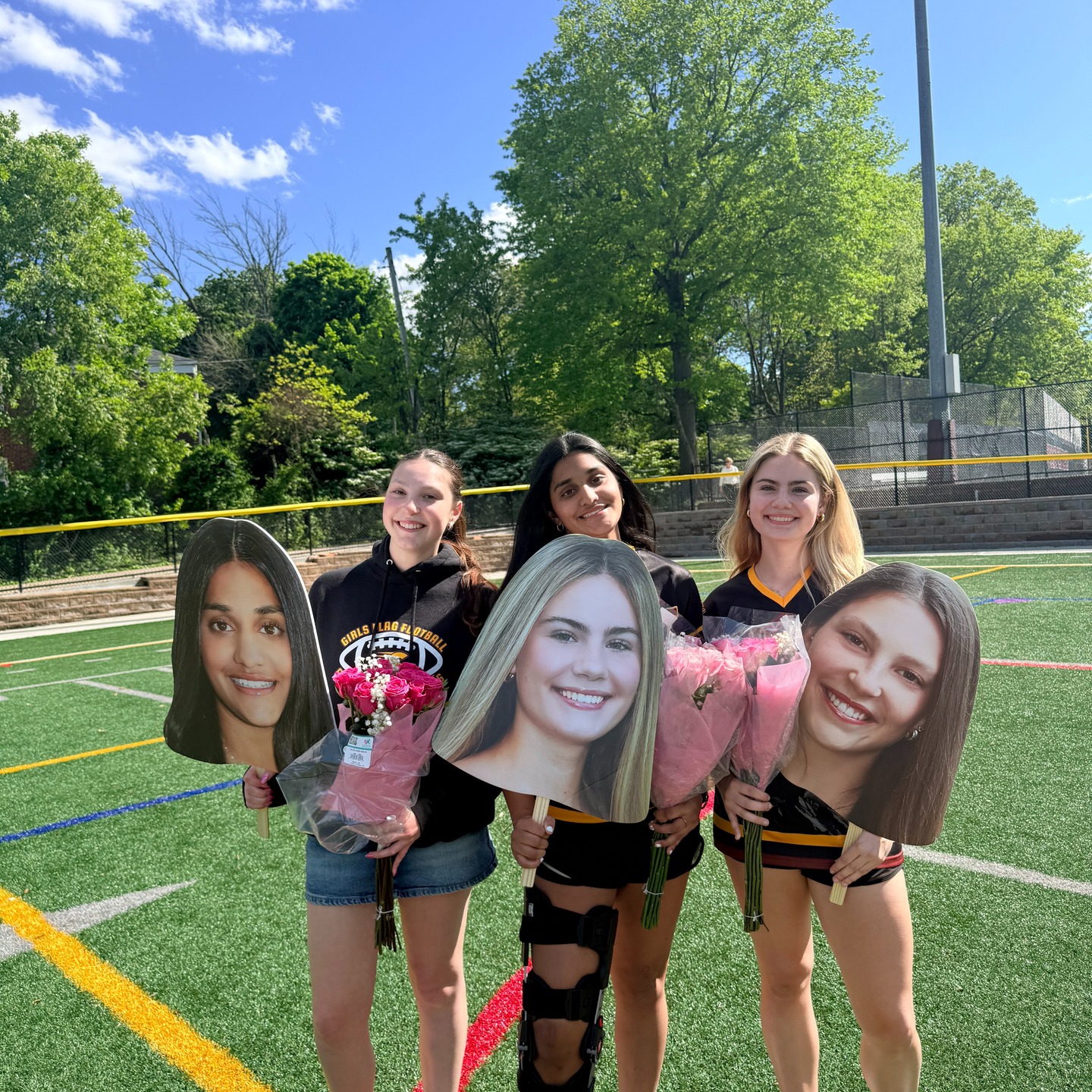 Summit Flag Football celebrated 3 girls (captain Catherine Fagan, captain Jaina Shah & manager Molly Feldman) during Senior night! A great win vs. Ridge!!