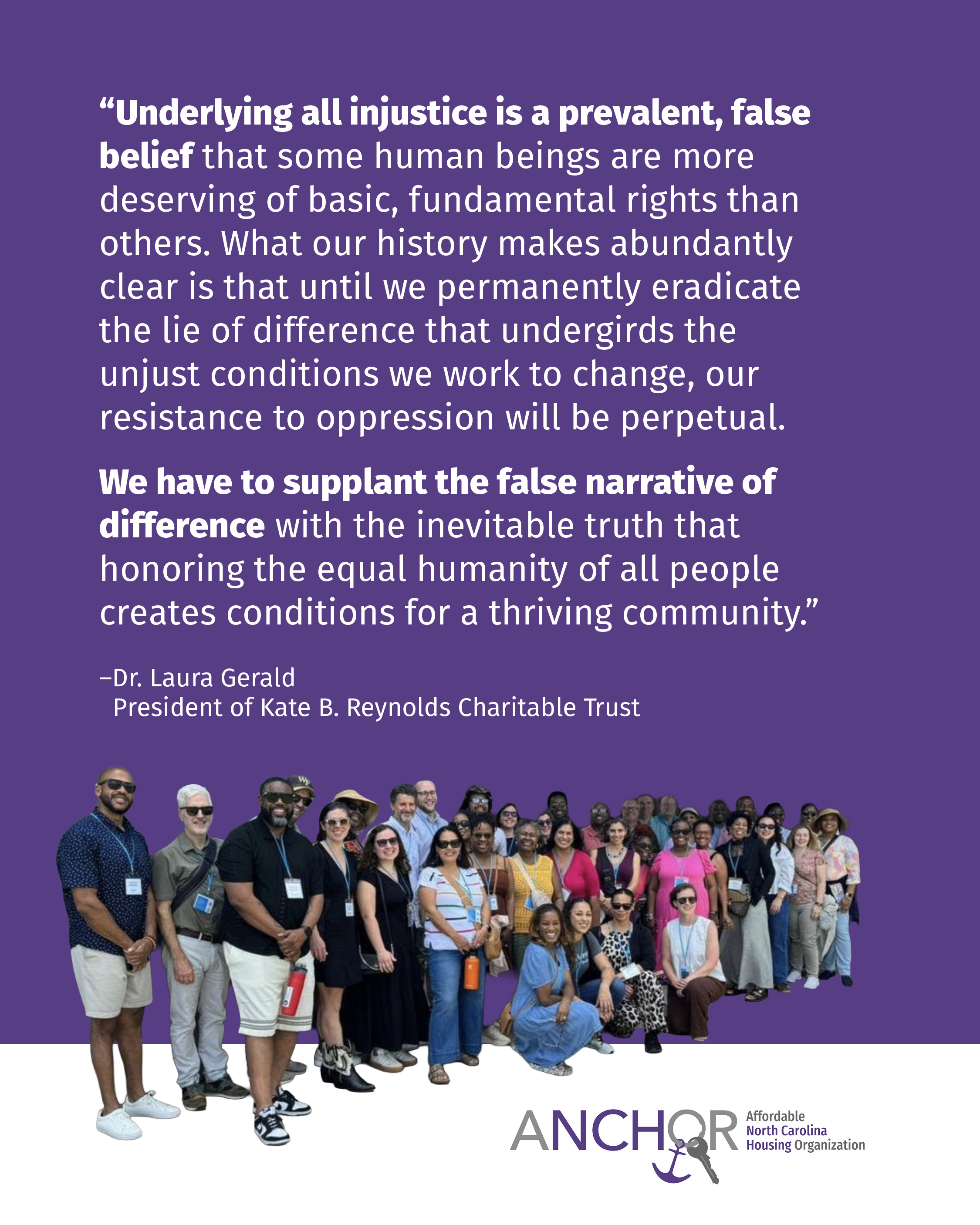 As a Forsyth County Advisory Council member for the Kate B. Reynolds Charitable Trust, ANCHOR team member Hasani Mitchell joined the Trust’s recent tour of the Equal Justice Initiative Legacy Sites in Montgomery, Alabama. ANCHOR agrees with the philosophy beautifully expressed here by Dr. Laura Gerald, President of Kate B. Reynolds Charitable Trust.
We must resist and call out untrue narratives, particularly those impacting historically marginalized people. This is a critical step in building a thriving community.