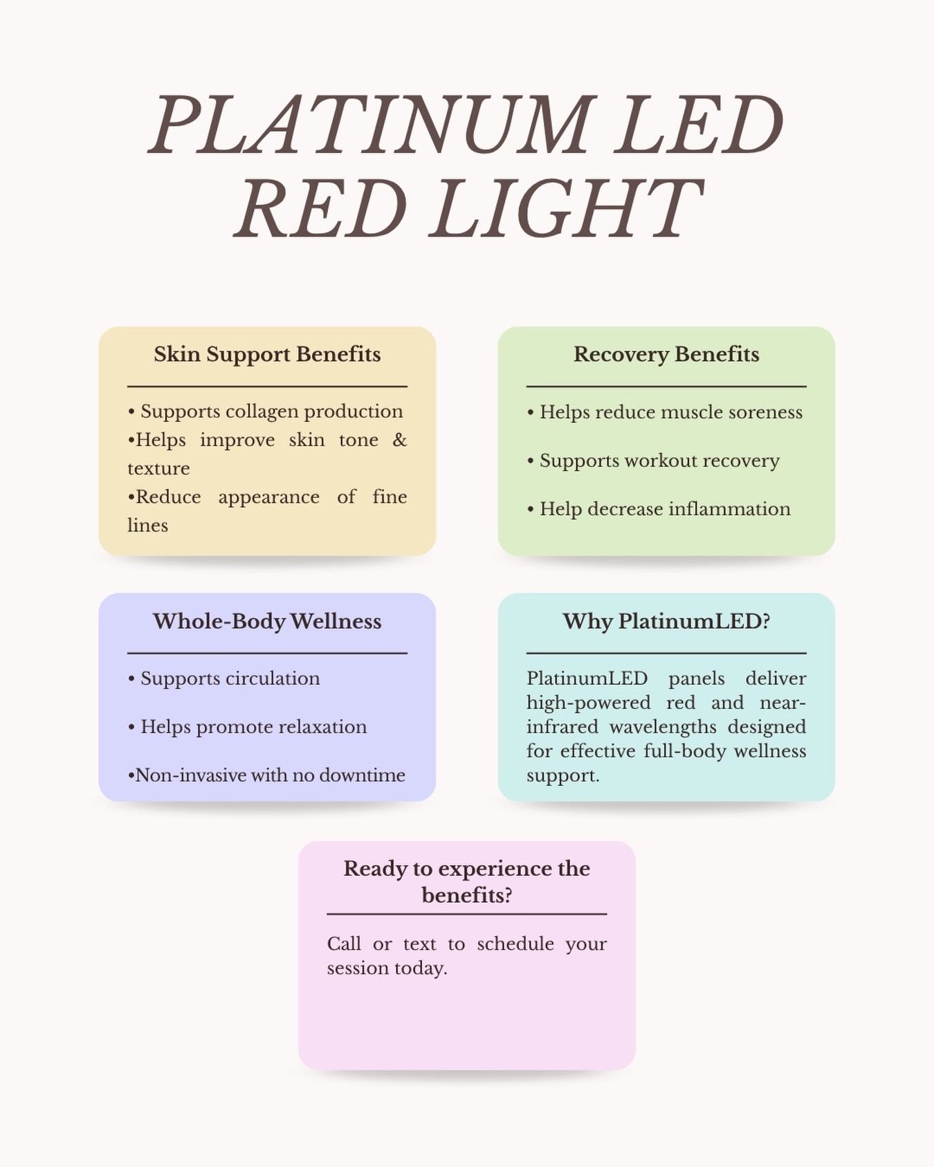 ✨ More than just red light.
Our PlatinumLED Red Light Therapy uses advanced red + near-infrared wavelengths designed to support your body at the cellular level — helping with recovery, skin health, circulation, inflammation, and overall wellness. 🔴
Benefits may include:
✔️ Improved skin appearance
✔️ Muscle recovery support
✔️ Reduced soreness & inflammation
✔️ Increased relaxation
✔️ Better overall recovery
Non-invasive. Relaxing. No downtime. ✨
