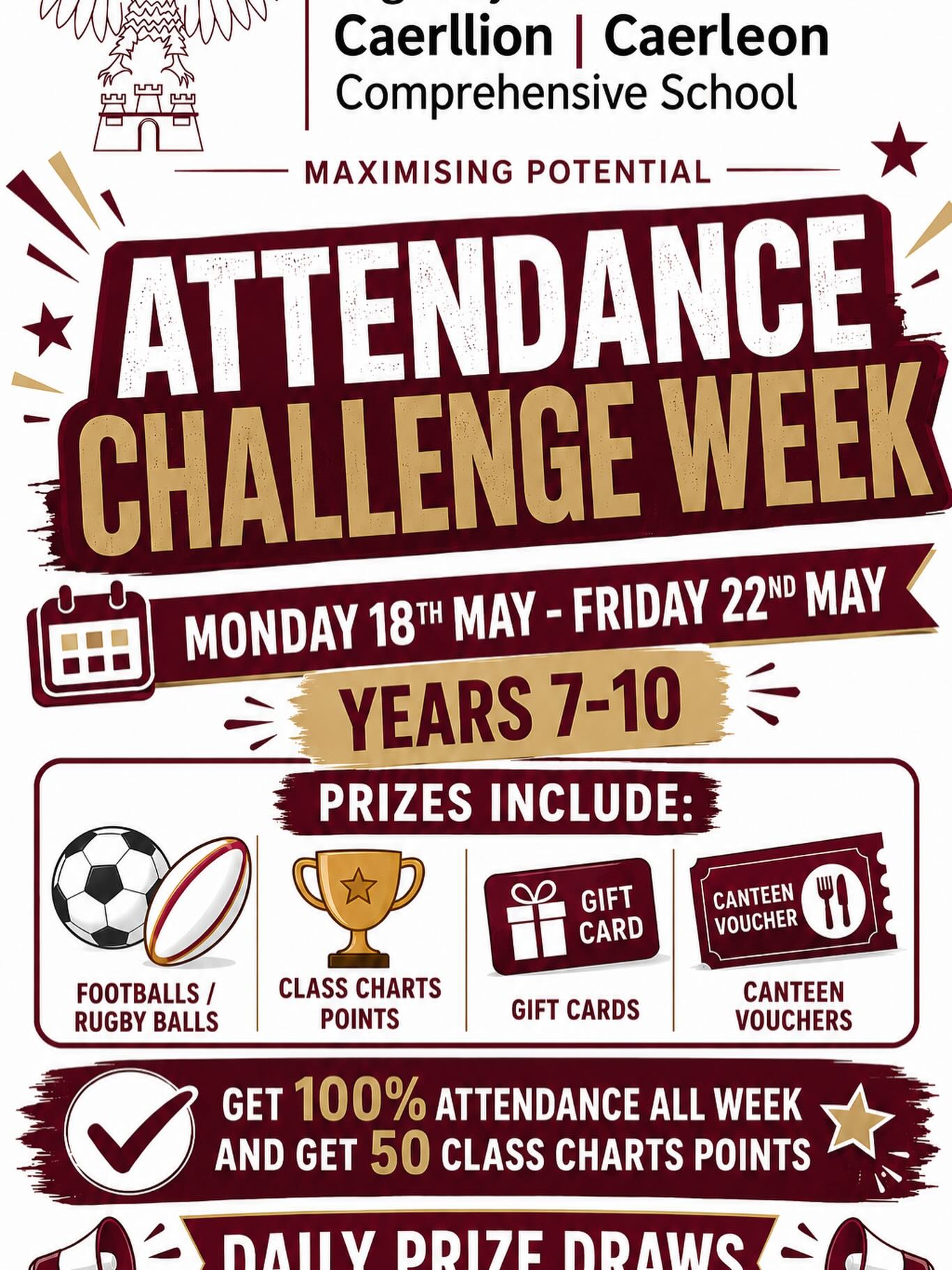 🎉 Attendance Challenge Week is here!🎉
From Monday 18th May – Friday 22nd May all Years 7–10 students can take part in our Attendance Challenge Week
✅ Attend every day for your chance to win:
⚽ Footballs & rugby balls
🎁 Gift cards
🍽️ Canteen vouchers
🏆 Class Charts points
⭐ Achieve 100% attendance all week and earn 50 Class Charts points!
🎟️ Plus, there will be daily prize draws throughout the week.
Let’s work together to maximise potential through excellent attendance! #AttendanceMatters #MaximisingPotential #ChallengeWeek