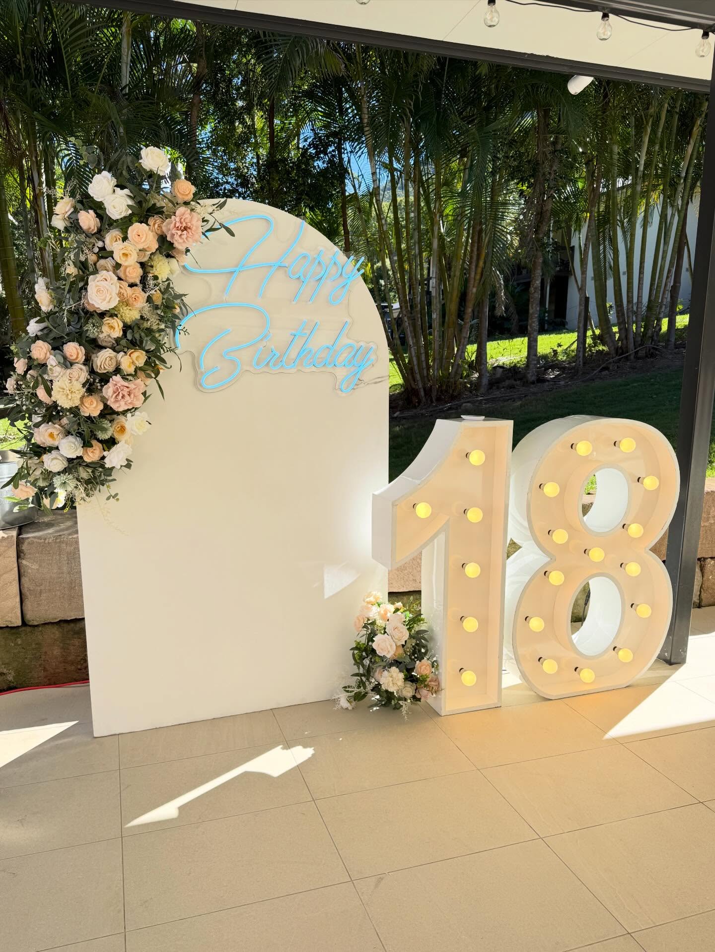 Autumn floral arch with neon sign & light up 18 numbers for a Brisbane milestone birthday last weekend