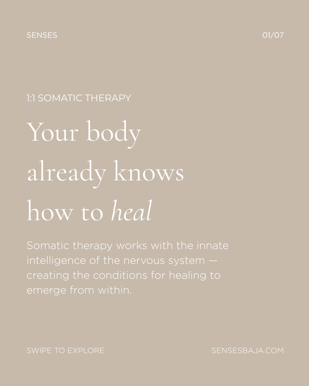 The body holds what words often cannot reach.
In somatic therapy, we work directly with the nervous system — with sensation, breath, and the protective patterns that formed in response to lived experience.
Rather than talking about what happened, we work with how it lives in the body, and what it needs to move toward integration.
This is body-led, trauma-informed work. Rooted in ISITTA methodology, Hakomi principles and polyvagal theory, each session begins by establishing safety — orienting the nervous system, creating the felt sense of ground.
From there, we work titratedly, at the pace your system can hold, never moving faster than what can be integrated.
Somatic therapy supports those navigating chronic stress, burnout, unprocessed grief, relational patterns, and the effects of trauma that have not fully resolved through talk-based approaches alone.
It is also a practice for those who are simply ready to develop a deeper, more attuned relationship with their own body and inner experience.
The body carries an innate capacity to heal. Our work is to create the conditions in which that capacity can be trusted — and expressed in a safe and compassionate environment.
1:1 sessions are available for individuals and couples with Danielle at Senses, in Los Cabos.
Schedule a free 30 minute consultation at the link in bio.
#somatictherapy #somatichealing #traumarecovery #traumahealing #somatics