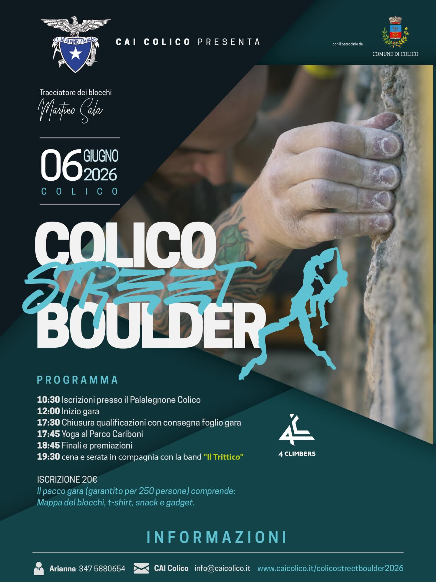 Ci siamo!! 💥
Colico Street Boulder 2026 - 06 giugno 🧗🏼♀️
Da oggi sono ufficialmente aperte le iscrizioni sul nostro sito
http://www.caicolico.it/colicostreetboulder2026
Vi aspettiamo numerosi! 💪🏼