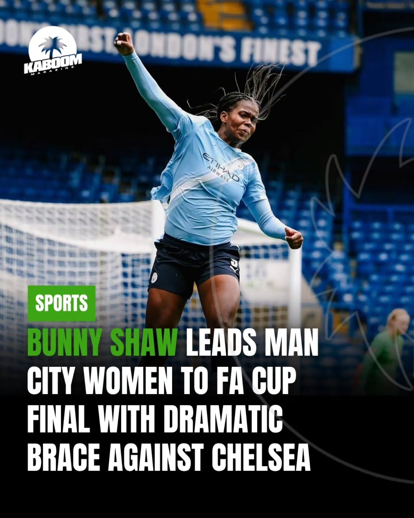 Khadija "Bunny" Shaw delivered a dramatic performance to fire Manchester City W.F.C. into the FA Cup final against Brighton W.F.C. with a thrilling 3-2 extra-time victory.
The Women's Super League top scorer, who is reportedly set to leave Manchester City with Chelsea F.C. Women leading the race for her signature, showed exactly what City could be losing and what Chelsea could potentially be gaining in emphatic fashion at Stamford Bridge.
Shaw rescued City deep into stoppage time with a dramatic 91st-minute equaliser to make it 2-2 and force extra time before rising highest to power home a thumping header in the 103rd minute, sealing a remarkable 3-2 comeback win after City had trailed by two goals.
📸 @mancitywomen
#Kaboom #KaboomMag