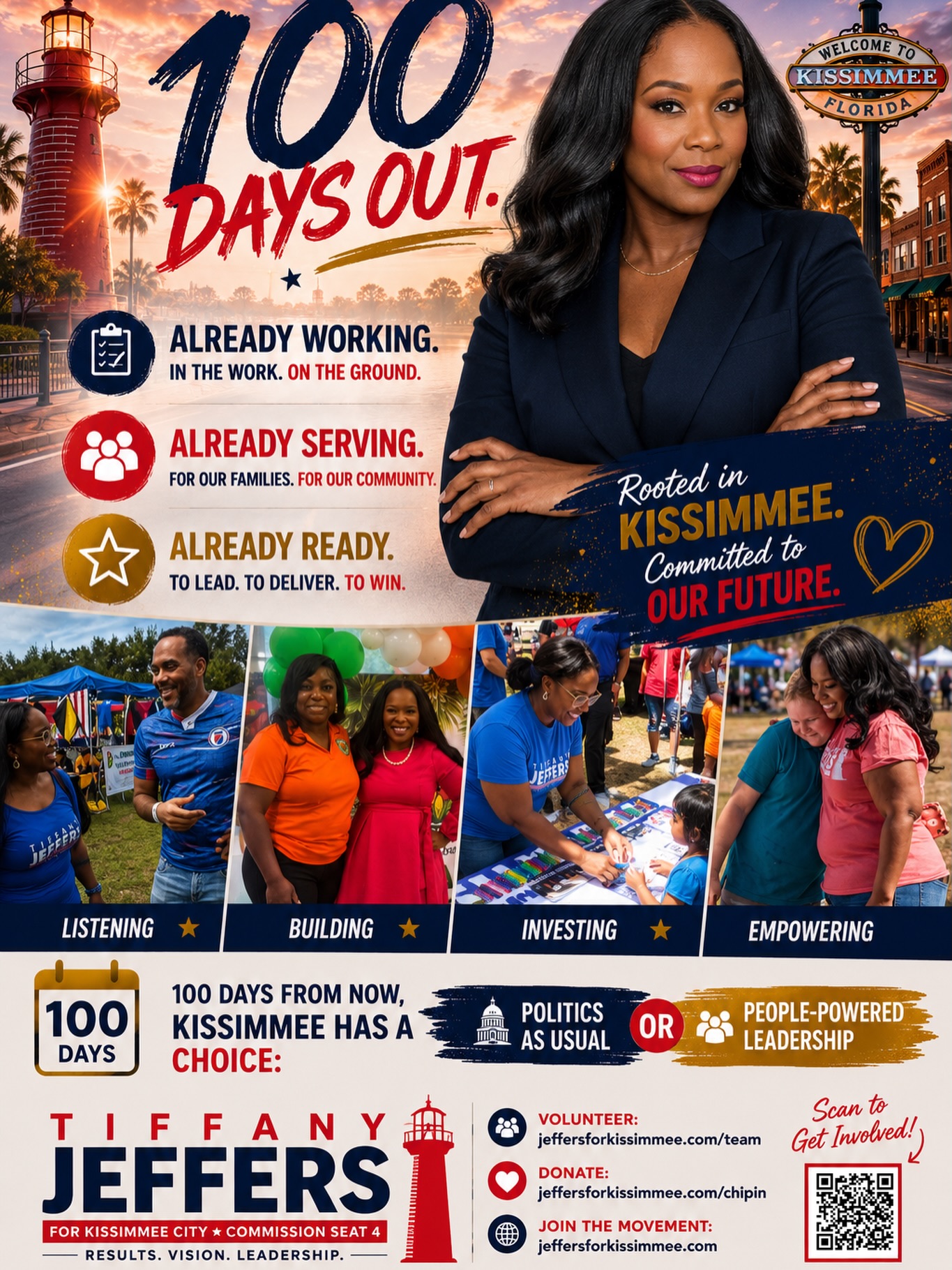 Kissimmee, we are officially 100 days from Election Day.
I have already been doing the work. I have knocked doors, built programs, raised resources, served families, supported seniors, invested in youth, and shown up for this community long before my name was on a ballot.
Now we are taking that same work to City Hall.
This is a people-powered campaign rooted in affordable housing, workforce development, youth investment, and community investment.
We need volunteers. We need donors. We need voters. We need neighbors talking to neighbors.
This is OUR time.
We Are All Kissimmee 🩷
Donate or join the team: www.jeffersforkissimmee.com/chipin
Political advertisement paid for and approved by Tiffany Jeffers, Candidate for Kissimmee City Commission Seat 4