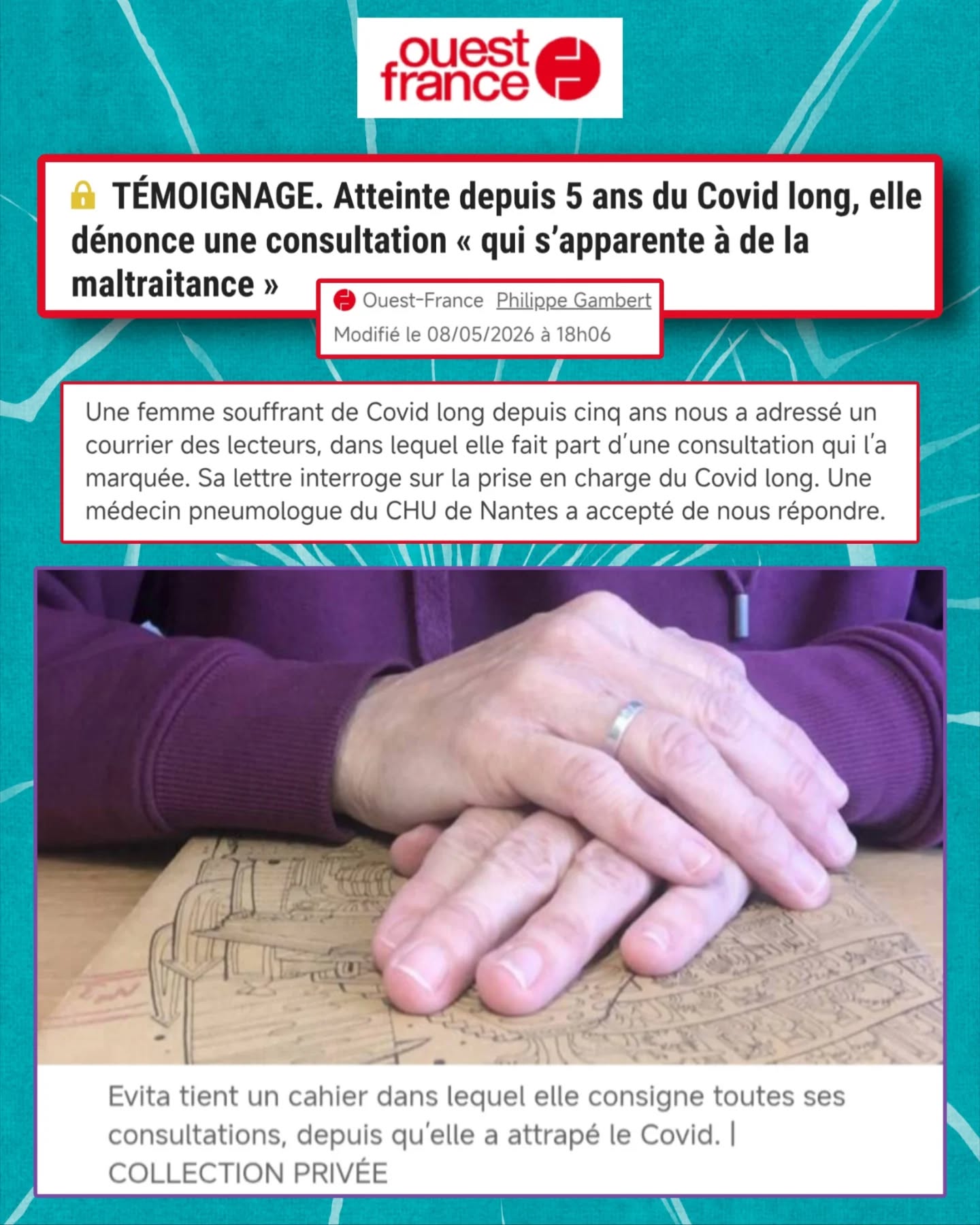 đ§”Nouveau tĂ©moignage dans la presse sur le #CovidLong.
Une patiente malade depuis 2020 raconte une consultation hospitaliÚre vécue comme « de la maltraitance ».
Un tĂ©moignage difficile Ă lire, mais malheureusement loin dâĂȘtre isolĂ©đ
1ïžâŁÂ« Le Covid long ce sont des troubles somatiques fonctionnels »
2ïžâŁÂ« On nous oblige Ă recevoir les patients Covid long, mais nous, on ne voulait pas »
3ïžâŁÂ« Attention Ă lâauto-entretien de la fatigue »
3 phrases rapportées par une patiente atteinte de #CovidLong depuis cinq ans.
â ïž Â« Ce quâelle a entendu lors de cette consultation lâa ramenĂ©e en 2020-2021, quand on dĂ©couvrait les symptĂŽmes persistants et quâon avait du mal Ă y croire. »
Nous sommes pourtant en 2026.
đŹ Depuis plusieurs annĂ©es, la littĂ©rature scientifique documente des anomalies biologiques dans le #CovidLong :
atteintes immunitaires, vasculaires, neurologiques, autonomiques, inflammatoires, mĂ©taboliquesâŠ
Et malgrĂ© cela, certains patients continuent dâĂȘtre renvoyĂ©s vers des explications principalement psychologiques ou comportementales.
đŁïžÂ« Non, je ne suis pas une malade imaginaire », Ă©crit cette patiente.
Dans lâarticle, elle dĂ©crit un quotidien marquĂ© par :
âĄïždes symptĂŽmes pulmonaires,
âĄïžgastro-intestinaux,
âĄïžORL,
âĄïždes douleurs,
âĄïžun Ă©puisement intense,
âĄïždes essoufflements persistants.
Comme beaucoup dâautres malades, elle a essayĂ© de continuer Ă travailler malgrĂ© la maladie :
arrĂȘts de travail, mi-temps thĂ©rapeutiqueâŠ
Avant dâĂȘtre finalement dĂ©clarĂ©e inapte et placĂ©e en invaliditĂ©.
đ DerriĂšre le #CovidLong, il y a aussi des ruptures de vie :
-Perte dâemploi,
-Désinsertion sociale,
-Précarisation,
-Isolement,
-Renoncements
đŁïžÂ« Comme les nombreuses personnes atteintes de cette pathologie, je nâai quâun seul dĂ©sir, celui de guĂ©rir pour retrouver une vie sociale ordinaire. »
Cette phrase est importante.
Les patients ne âsâinstallentâ pas dans la maladie.
Ils cherchent des réponses, des soins, de la stabilité et, surtout, une amélioration de leur état.
đ©ș Lâarticle rappelle aussi la rĂ©alitĂ© de lâerrance mĂ©dicale.
⏠Suite en commentaire âŹ