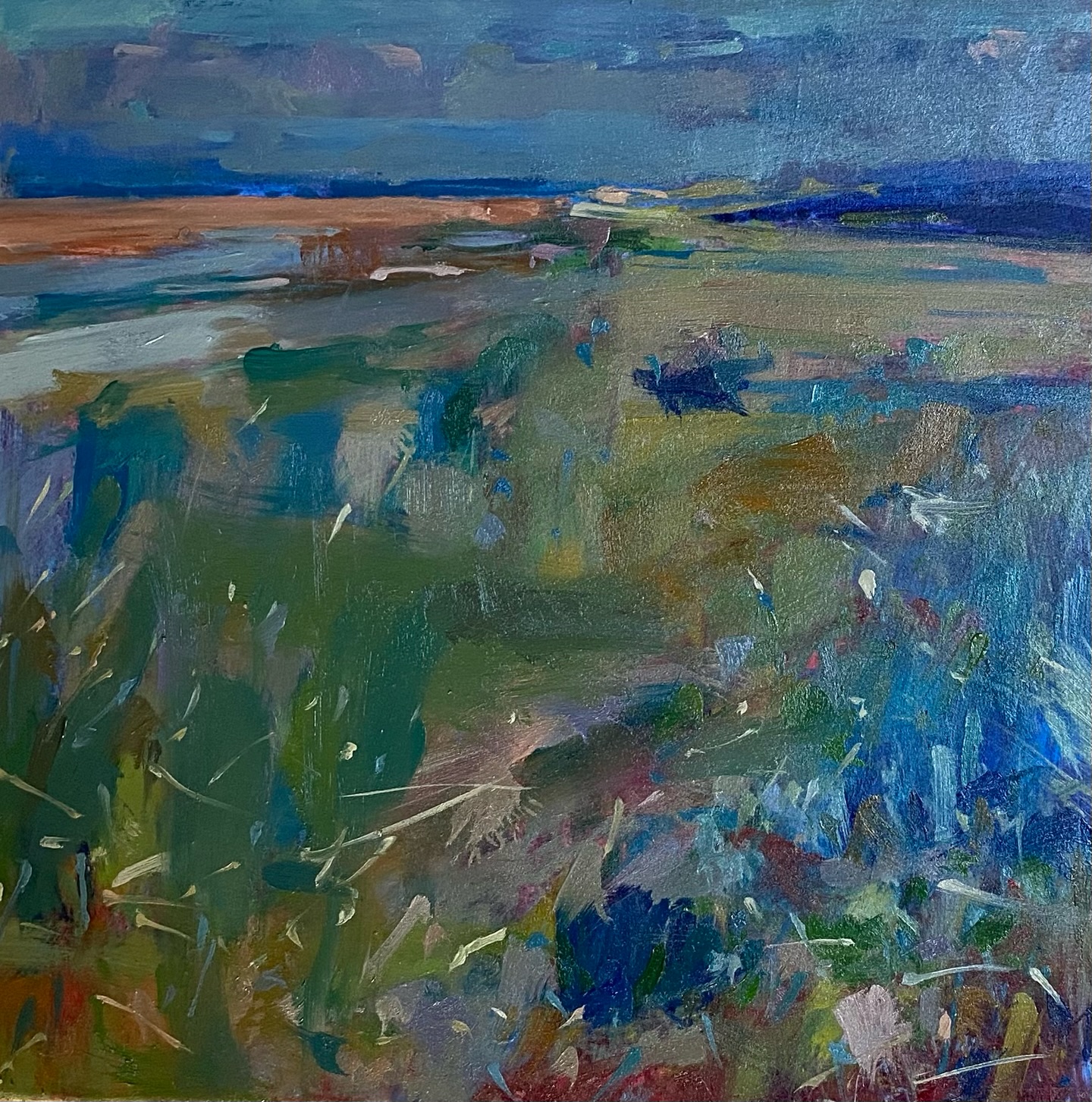 Here’s this morning’s painting from the beach. The colours are definitely changing in the marram grass as spring moves in. Skylarks were singing loud and high above the dunes.