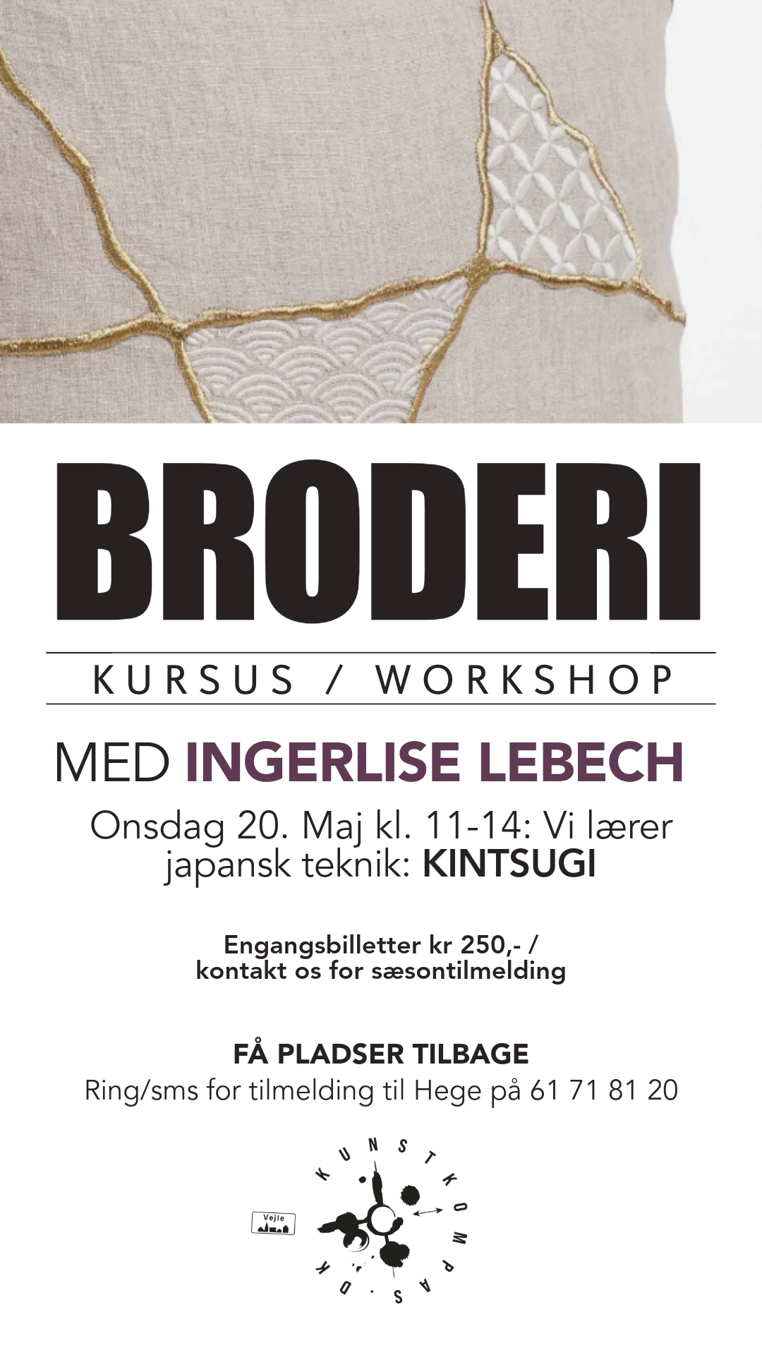 Kintsugi (金継ぎ), der betyder "gylden sammenføjning", er en traditionel japansk teknik til reparation af knust keramik ved hjælp af lak blandet med guld, sølv eller platin. I stedet for at skjule revnerne, fremhæves de som en smuk og integreret del af genstandens historie. Vi gør det med broderi!