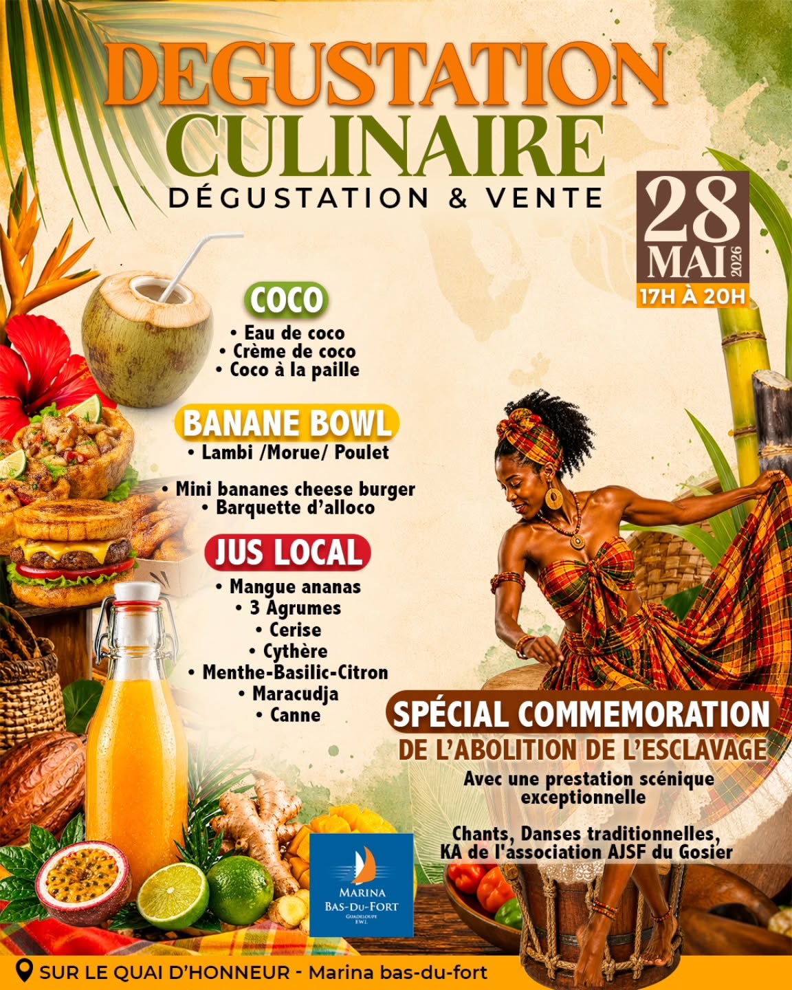 La 2ème édition arrive…
Rendez-vous le 28 mai de 17h à 20h sur le quai d’honneur de la Marina Bas-du-Fort pour une dégustation culinaire unique.
Saveurs locales, produits frais, ambiance authentique…
Entre coco, banane bowl et jus pays, préparez-vous à voyager.
Une édition spéciale autour de la commémoration de l’abolition de l’esclavage,
avec une prestation des Ballets KMROD, chants, danses traditionnelles et Ka…
Une véritable invitation au souvenir, à l’émotion et à la transmission.
Ramène de quoi t’asseoir et profite pleinement du spectacle.
#MarinaBasDuFort #Guadeloupe #CultureGwadloup #Dégustation SaveursLocales Mémoire Transmission
