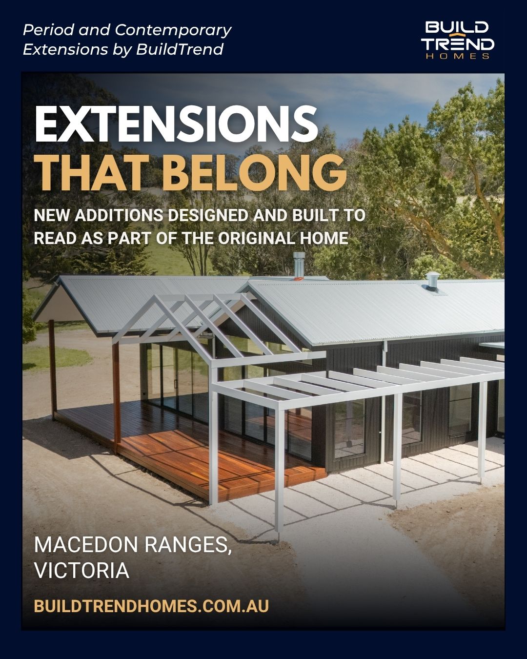 The measure of a well-built extension is how well it functions with the existing. BuildTrend has completed extensions across Woodend, Newham, Gisborne and Central Victoria — working with architects and homeowners to add space without disrupting the integrity of what was already there. New structure, modern details, resolved connections.
#buildtrendhomes #macedonrangesbuilder #homeextension #periodrenovation #centralvictoria