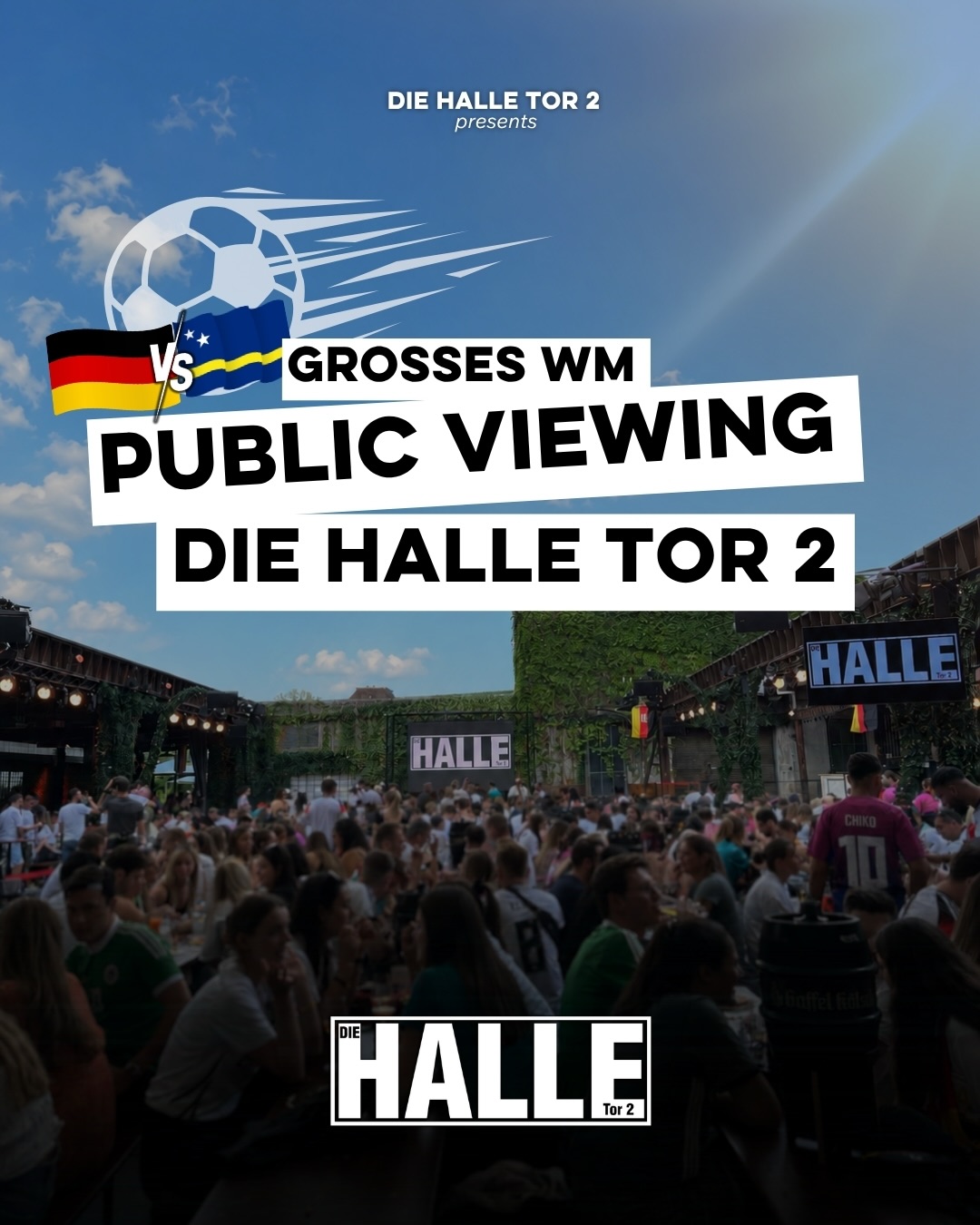 DEUTSCHLAND 🇩🇪 vs. CURACAO 🇨🇼
WM-PUBLIC VIEWING bei uns in der HALLE Tor 2 ⚽️😍
Wir zeigen das erste Deutschland Spiel der WM 2026 bei uns live auf großer LED-Leinwand!
🗓️ 14.06.2026
🕠 Einlass ab 17:30 Uhr, Spielbeginn 19:00 Uhr
🍟 Pommes, Currywurst, Flammkuchen
🥨 Kölsche Tapas Platten auf Vorbestellung möglich (via Ticketshop)
Für alle die einen garantierten Sitzplatz haben möchten, bieten wir optional Tischreservierungen mit Getränkepaketen an.
🔗Link in Bio.🎟️
Let‘s support the german Team!👏🇩🇪
#publicviewing #wm #fußball #wm2026 köln