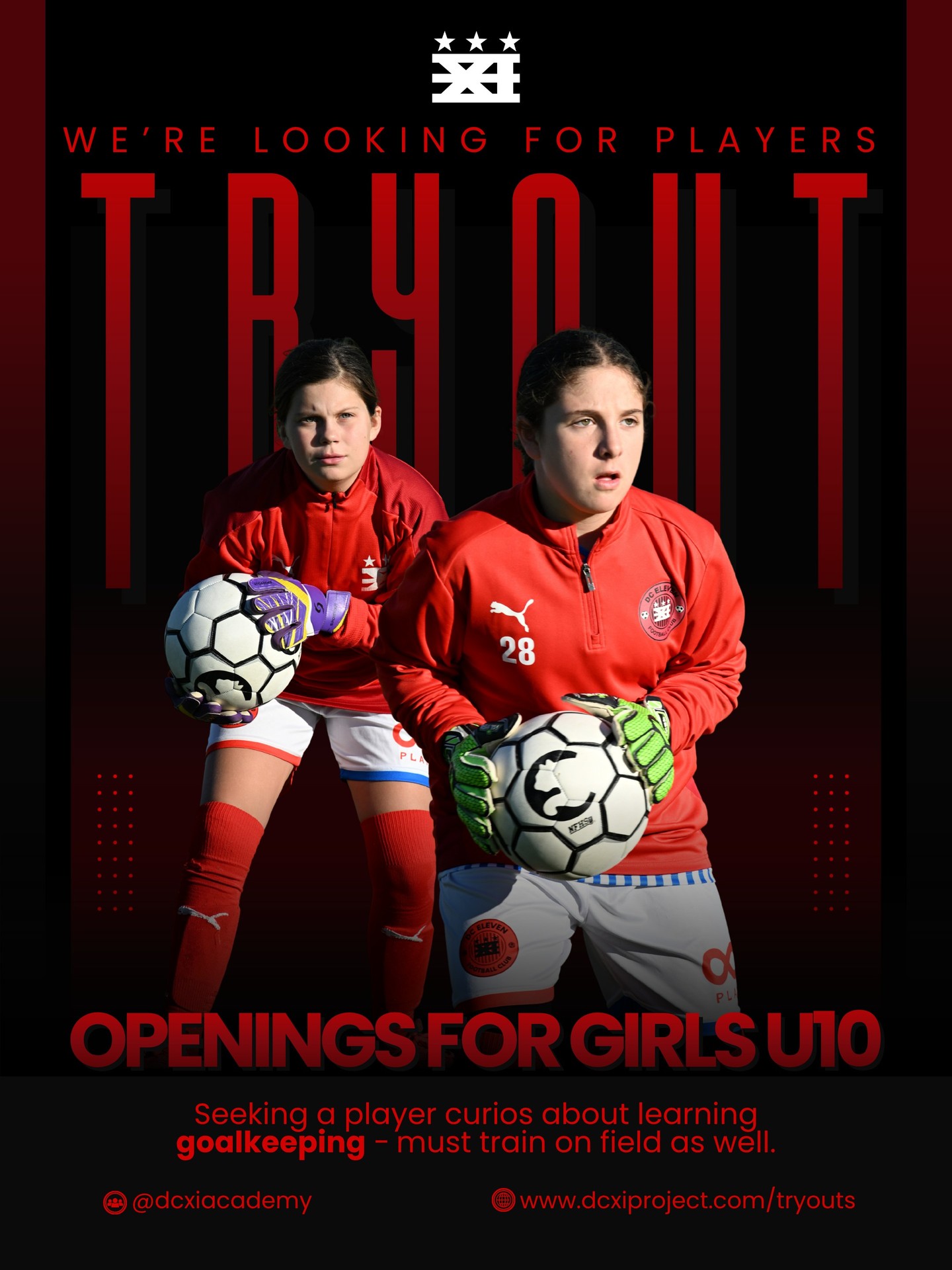 EXPLORE THE POST. COMMAND THE PITCH. 🧤⚽
ㅤ
We are looking for curious, brave, and athletic U10 players who want to explore the world of Goalkeeping!
ㅤ
At DCXI, we believe the best keepers are also the best footballers. Our keepers don't just stay in the net—they train on the field to master footwork and ball control, ensuring they are complete players.
ㅤ
Who: Players curious about the gloves but love to play on the field too!
What: Specialized keeper coaching + team field training.
ㅤ
🔗 Unlock your potential. Sign up for tryouts at the link in our bio!
ㅤ
#DCXIAcademy #GoalkeeperLife #U10Girls #SoccerDevelopment #FutureStars