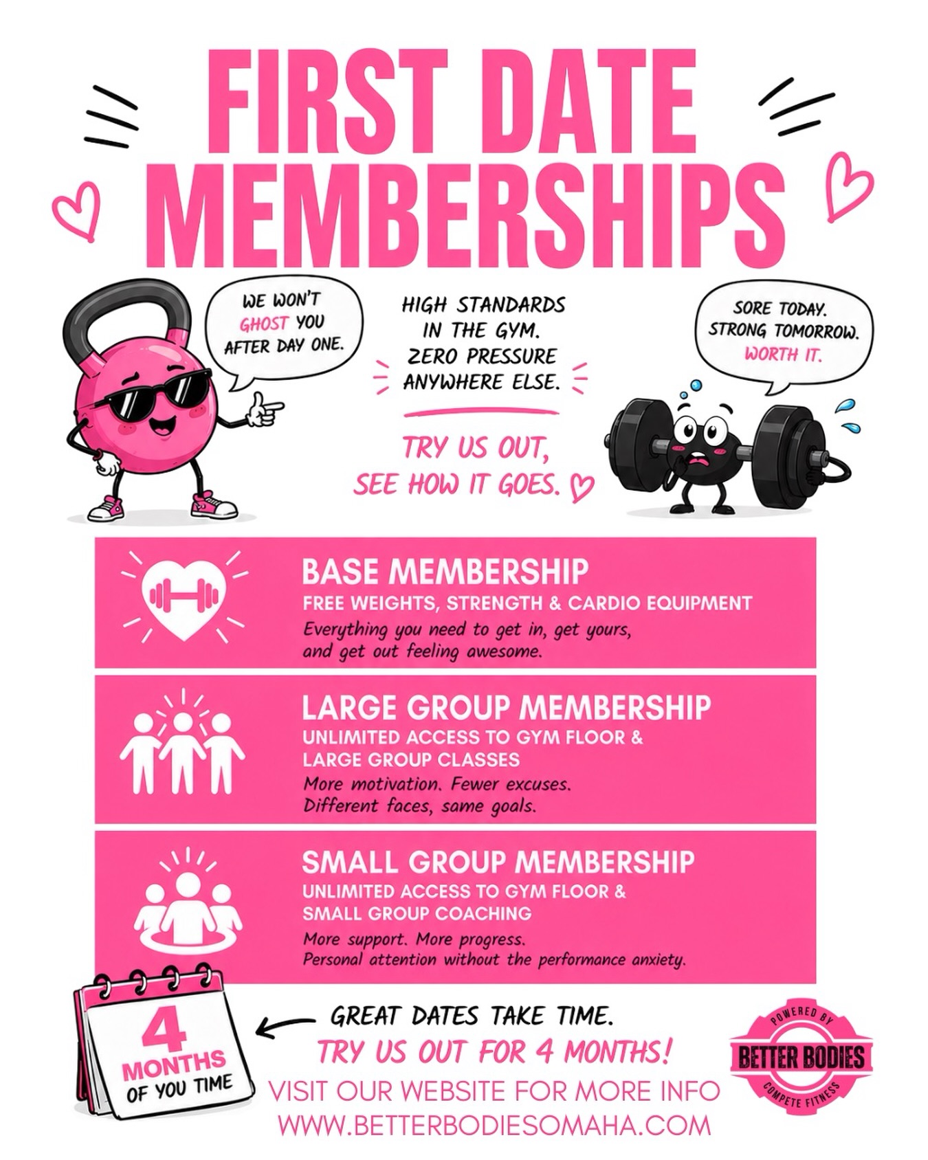 Commitment issues? Perfect. đđ
Our First Date Memberships are made to help you try out Better Bodies with zero pressure and all the support. Whether you want gym access, large group classes, or small group coaching â thereâs an option that fits you. đȘ
4 months to see how it feels, build routines, and find your Gym Time. Start with a FREE 7-day pass through the link in our bio!
#betterbodiesomaha #omahagyms #gymtime #omahafitness #fitnesscommunity