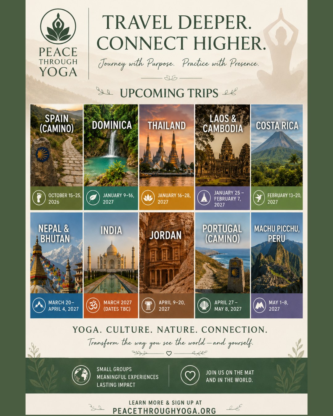 Join Peace Through Yoga as we journey across the world in 2026–2027, from the Camino in Spain & Portugal to Thailand, Nepal, Jordan, Peru, and beyond. Experience yoga, culture, nature, and meaningful connection in some of the world’s most inspiring places.
- Small groups
- Soulful experiences
- Lifelong memories
Learn more at peacethroughyoga.org
#PeaceThroughYoga #YogaRetreats #WellnessTravel #YogaJourney #TravelDeeper #MindfulTravel #YogaCommunity #AdventureAwai