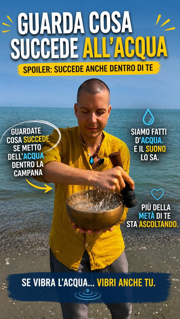 Guardate cosa succede… 🌊
Metto dell’acqua dentro la campana e il suono la muove, la fa vibrare, la fa vivere.
Non è un effetto speciale.
È la natura delle cose.
Il suono non si ferma all’aria.
Attraversa. Entra. Risuona.
E ora fermati un secondo.
Tu sei fatto per più della metà d’acqua.
Quindi la domanda è semplice:
👉 se vibra l’acqua… cosa succede dentro di te?
Forse è per questo che certi suoni ti calmano.
Forse è per questo che altri ti smuovono qualcosa che non sai spiegare.
Non è nella testa.
È nel corpo.
È dentro.
#filippopigaiani #bagnodisuoni #campanetibetane #suonoterapia #handpanmusic