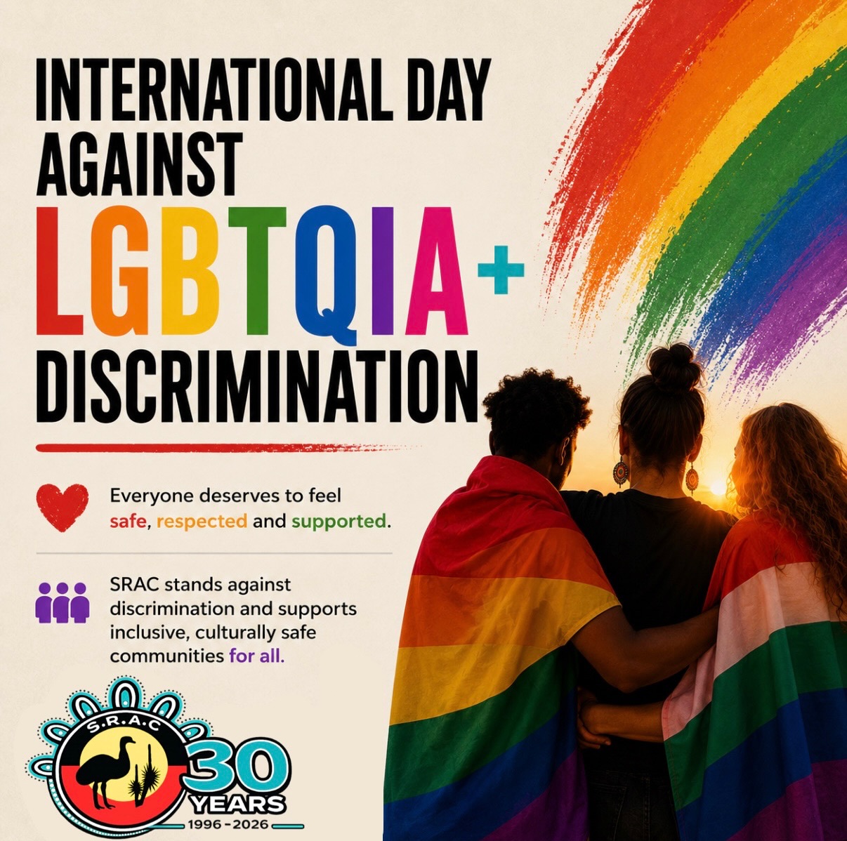 Today, on the International Day Against LGBTQIA+ Discrimination, we stand against hate, exclusion and discrimination in all forms.
Everyone deserves dignity, respect and the freedom to be themselves.
Inclusion makes our communities stronger ❤️
#LGBTQIA #Equality #InclusionMatters #SRAC #RespectForAll