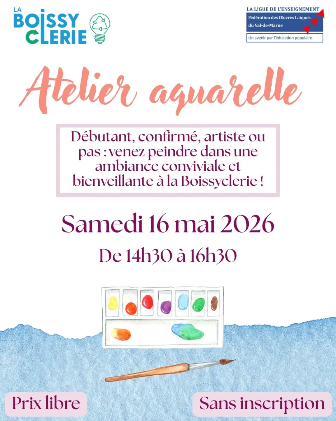 Rejoignez-nous pour un moment peinture et détente à la Boissyclerie 🎨
Pas besoin de s'inscrire : l'atelier sera proposé à prix libre sur place avec tout le matériel nécessaire 🌷
ATTENTION : cet atelier est ouvert aux enfants en bas âge seulement s'ils sont accompagnés par un adulte !
Merci pour votre compréhension !