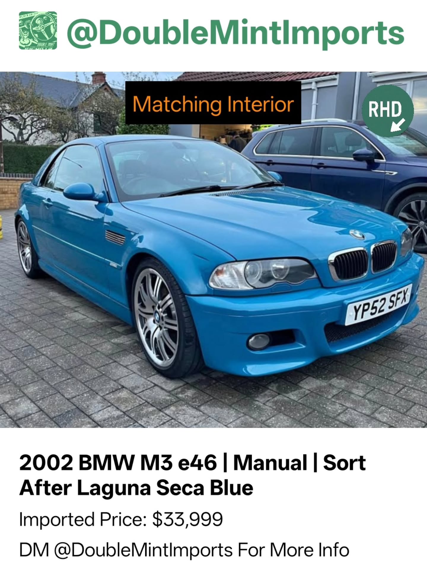 🔥🔥2002 BMW M3 e46 | Manual | Sort After Laguna Seca Blue
Shipped Price(UK to NY): $33,999
(Includes All Fees: Conversion rate to USD, Shipping, Customs, UK Taxes and Admin Fees)
Mileage: 100,000
SELLERS DESCRIPTION:
2002 BMW E46 M3 Laguna Seca Blue with colour matched interior S54 3.2 Manual
Cabriolet Convertible with matching Hardtop
100,xxx miles \u2022 2 keys 6 previous owners
Rod bearings replaced at BMW
Brand new 12 month MOT with no advisories with great history
Completely original and never modified example of an E46 M3 in the best colour combination possible. Has FSH and a folder full of receipts, great spec from factory especially with the colour combo. Full service couple hundred miles ago, brand new headliner and rear view mirror just refurbed.
Mechanically the car is perfect, no issues at all and drives like a dream with that M3 soundtrack. Rod bearings have been replaced with paperwork, there is no proof of vanos being doing but can be seen fully functional so no need to replace, and boot floor has not been done but has been inspected and has no issues.
Full description in advert as won't let me write anymore, message with any questions.
Random Quote: "Legends don’t park, they cruise."
****DM US FOR MORE INFO****
#bmw #e46 #manual #m3 #legunaseca