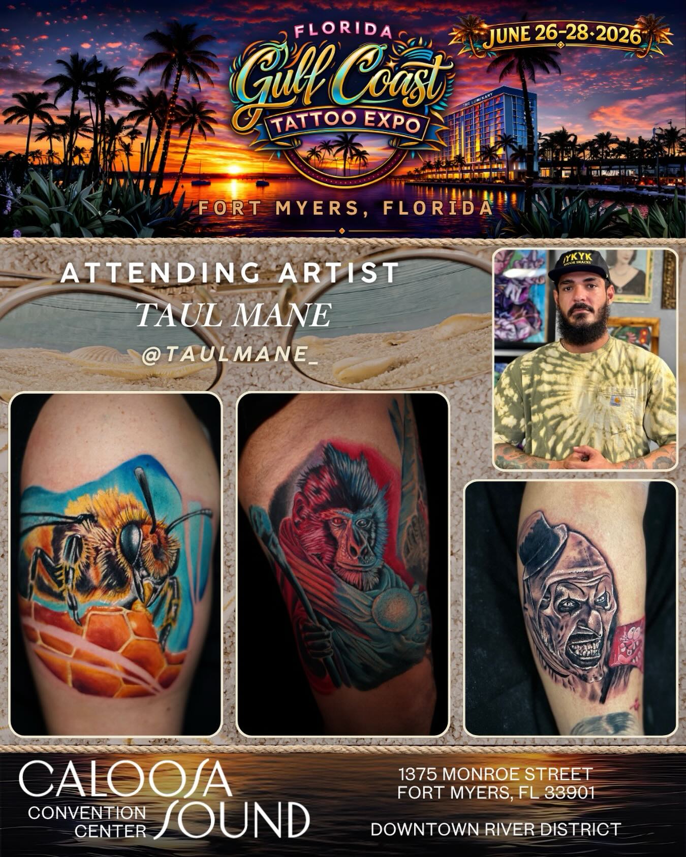 Please help us welcome @taulmane_ to the 2026 @floridagctattooexpo, to be held June 26-28 at the Caloosa Sound Convention Center in the Historic River District of Downtown Ft. Myers, Florida!
✉️ Please DM @taulmane_ for all inquiries about walk-ups and/or appts at the show!
🚨 Over 200 tattoo artists
🚨 Dozens of retail/art/merch & supply vendors
🚨 SWFL’s LARGEST TATTOO CONTEST… judged by Yallzee, Alwin Perez & TattooCasper
🚨 MC Joey Tattoo
🚨 Live music by Smack Daddy: and
🚨 Live sculpting and horror play by the famous Wayne Anderson Designs and his SWFL Haunted Attraction: Legends of Oblivion (hauntedswfl on IG)
🚨 Amazing Food & Libations
🏆🏆 We separate healed and fresh tattoo contests at this show! Healed categories are open!!! Like your piece? Enter it. Artists not tattooing at the show? Cool - send or bring your client!
Kids 12 and under are free, however parental discretion is advised due to language, risqué shows, and possible nudity.
🎟️ Tickets can be purchased on our website. Link in the bio.
⏰Hours: 11am-11pm Friday & Saturday 11am-7pm Sunday
🏨Also, if you would like to Stay & Play for a night or two, the Luminary has extended us an even better group rate starting at $189/night, which is a steal for this normally $350-$600 per night hotel! Reservations can only be made on our website www.floridagctattooexpo.com/hotel
#floridagctattooexpo #swfl #fortmyers #capecoral #tattooed