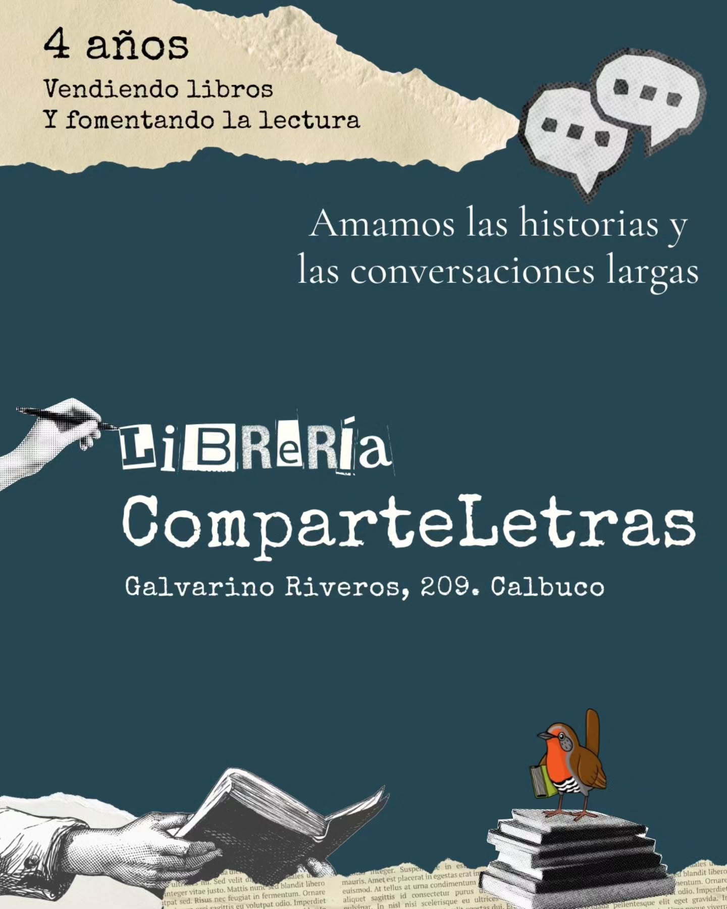 Les invitamos a seguir el perfil de Librería ComparteLetras, estamos ubicados en Galvarino Riveros 209 en la ciudad de Calbuco.
@libreriacomparteletras
Somos más que una librería: hacemos fomento lector y actividades culturales porque creemos que leer también puede ser una forma de encontrarse…
Los libros no solucionan todo... pero ayudan bastante.
www.comparteletras.cl