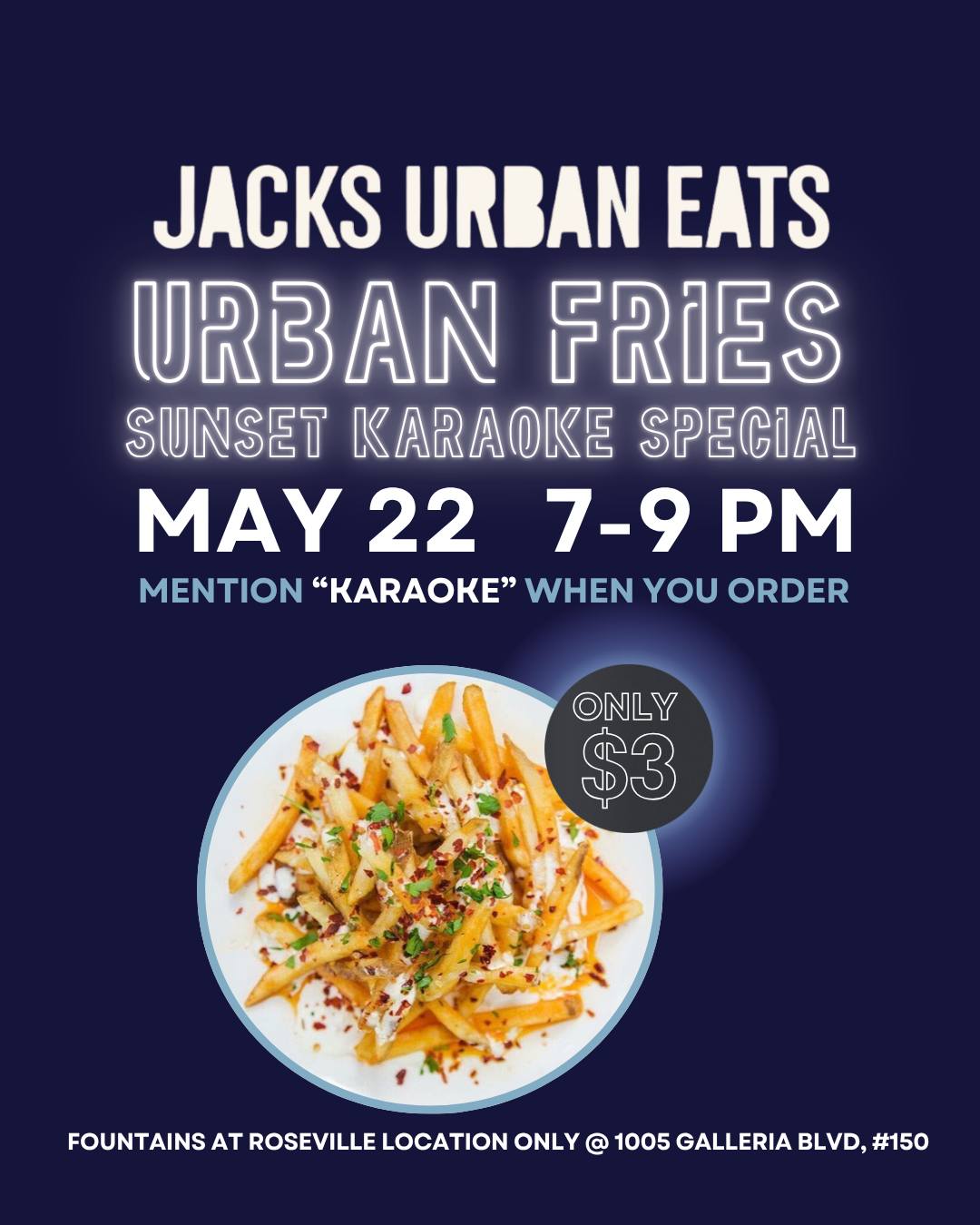 The stage is set for Fountains Sunset Karaoke night & Jack's Urban Fries are $3! 🎤🍟
Grab a seat on @jacksurbaneats patio and mention "Karaoke" when you order to get their legendary Urban Fries for just $3 during the event.
Sunset Karaoke Pro Tip: Bring chairs or a blanket for seating on the grass. Please note, alcoholic beverages are not permitted outside restaurant patios.
For more details click the link in our bio.
#fountainsatrsvl #rosevilleca #placercounty #rosevillekaraoke #rosevilleevents #jacksurbaneats