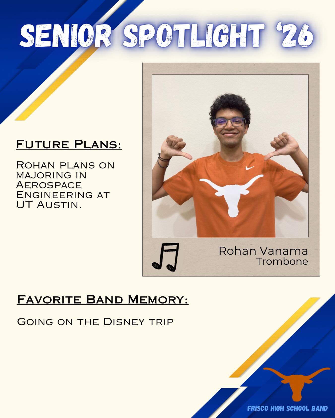 🚨SENIOR SPOTLIGHT 🚨
Congrats Rohan!!
#friscofinearts #friscoisd #friscohighschoolband #seniorspotlight #fisdfineartsleads @friscoschools @friscofinearts