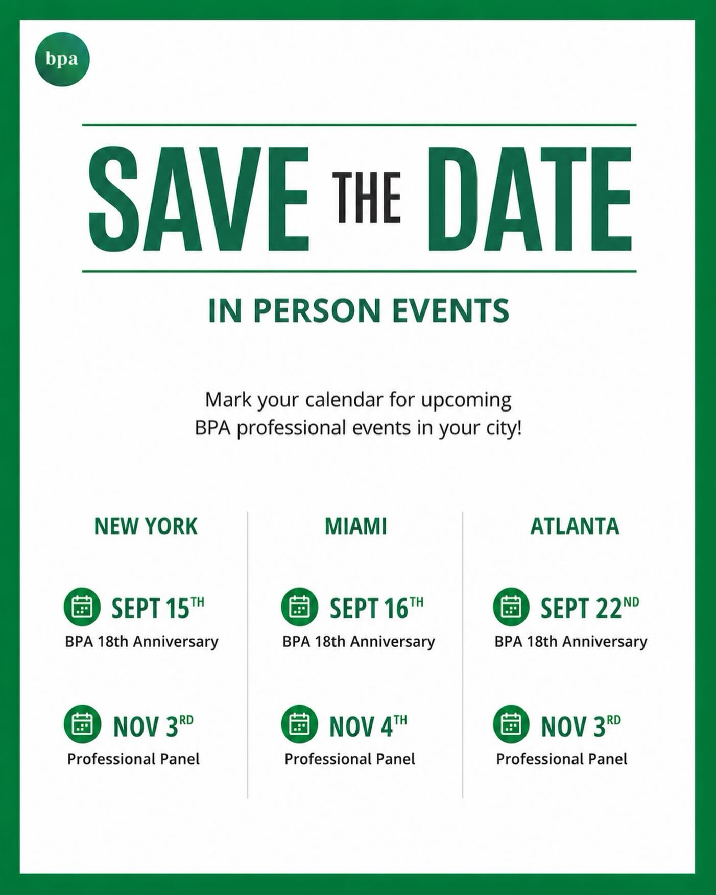 Big things are coming and we want you there.
BPA is turning 18, and we are celebrating in three cities with the people who make this community what it is. Whether you are in New York, Miami, or Atlanta, there is an event near you and you do not want to miss it.
Mark your calendar, block the dates, and get ready for a season of connection, growth, and celebration.
🎉 BPA 18th Anniversary 📍 New York — Sept 15 📍 Miami — Sept 16 📍 Atlanta — Sept 22
🎙️ Professional Panel 📍 New York — Nov 3 📍 Miami — Nov 4 📍 Atlanta — Nov 3
18 years of building community, opening doors, and supporting the Brazilian professional diaspora. The best is still ahead.
Stay tuned for more details. Registration links coming soon.
.
.
.
#NetworkingEvent#NetworkingNight #BrazilianProfessionalsAbroad #ProfessionalG
