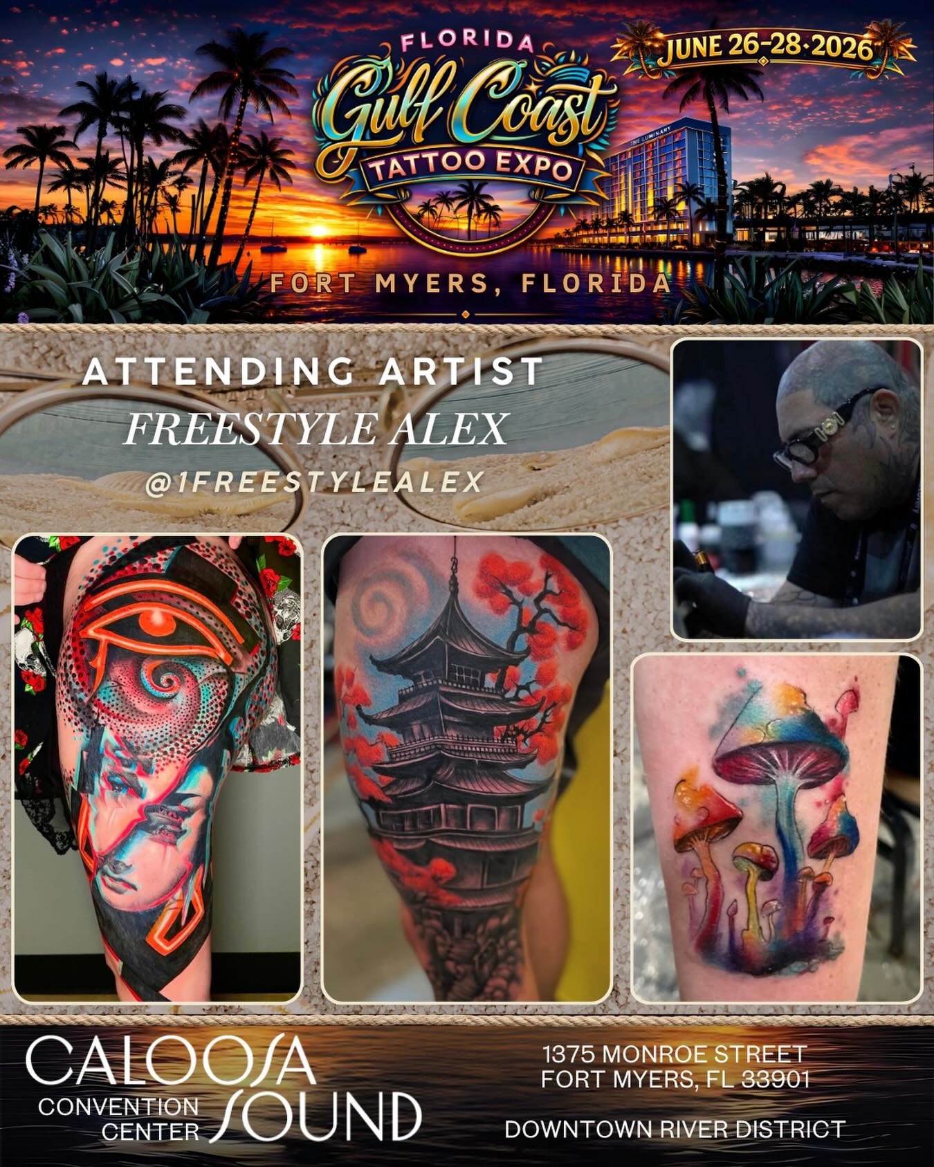 Please help us welcome @1freestylealex to the 2026 @floridagctattooexpo, to be held June 26-28 at the Caloosa Sound Convention Center in the Historic River District of Downtown Ft. Myers, Florida!
✉️ Please DM @1freestylealex for all inquiries about walk-ups and/or appts at the show!
🚨 Over 200 tattoo artists
🚨 Dozens of retail/art/merch & supply vendors
🚨 SWFL’s LARGEST TATTOO CONTEST… judged by Yallzee, Alwin Perez & TattooCasper
🚨 MC Joey Tattoo
🚨 Live music by Smack Daddy: and
🚨 Live sculpting and horror play by the famous Wayne Anderson Designs and his SWFL Haunted Attraction: Legends of Oblivion (hauntedswfl on IG)
🚨 Amazing Food & Libations
🏆🏆 We separate healed and fresh tattoo contests at this show! Healed categories are open!!! Like your piece? Enter it. Artists not tattooing at the show? Cool - send or bring your client!
Kids 12 and under are free, however parental discretion is advised due to language, risqué shows, and possible nudity.
🎟️ Tickets can be purchased on our website. Link in the bio.
⏰Hours: 11am-11pm Friday & Saturday 11am-7pm Sunday
🏨Also, if you would like to Stay & Play for a night or two, the Luminary has extended us an even better group rate starting at $189/night, which is a steal for this normally $350-$600 per night hotel! Reservations can only be made on our website www.floridagctattooexpo.com/hotel
#floridagctattooexpo #swfl #fortmyers #capecoral #tattooed