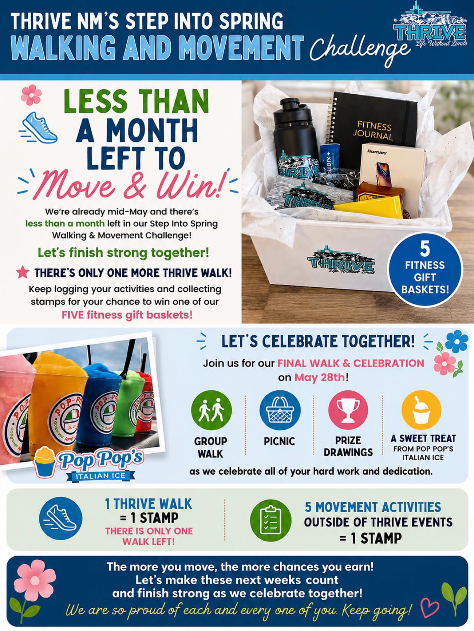 Less than one month left in our Step Into Spring Walking & Movement Challenge! 🌸
There’s only ONE Thrive walk left, so let’s finish strong together! Keep logging your movement activities and collecting stamps for your chance to win one of our FIVE fitness gift baskets 🎉
Join us for our final walk and celebration on May 28th featuring:
✨ Group walk