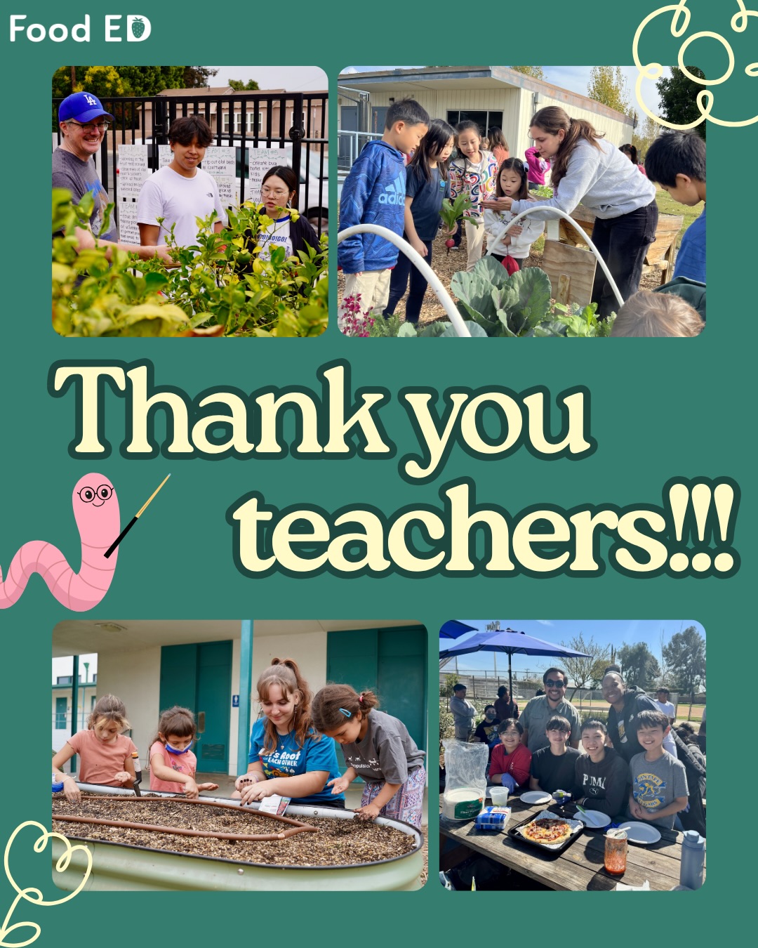 Happy Teacher Appreciation Week! 🌱🍎
This week we’re celebrating not only our incredible garden educators, but also the amazing teachers who partner with us and welcome Food ED into their classrooms.
Thank you for making space for hands-on learning, exploration, and stewardship. From lessons on planting to cooking to isopod genetics, none of this work would be possible without you all who care deeply about your students and communities.
We’re so grateful to be able to grow alongside you. 💚