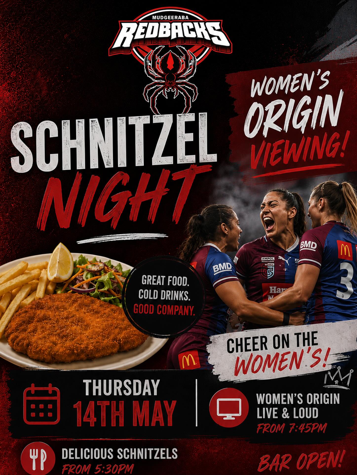 🍻 SNITTY NIGHT & ORIGIN VIEWING 🏉
Join us at the club this Thursday night for all the Origin action live on the big screens!
🕷️Snitty Night from 5:30pm
🕷️Bar Open
🕷️Women’s State of Origin Live & Loud
Grab your mates, enjoy a feed and settle in for a huge night of footy at the club ❤️🖤