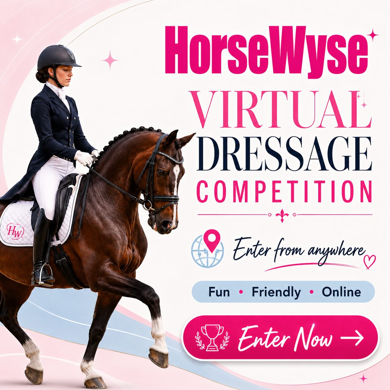 🌟🐴 THEY’RE LIVE! HORSEWYSE VIRTUAL COMPETITIONS ARE NOW OPEN! 🐴🌟
Get ready to dance in the sand arena, or grab your hobby horse because the HorseWyse Virtual Competitions are officially HERE! 💖✨
We are SO excited to launch:
🎀 Virtual Dressage
🏆 End of Year Dressage Point Score Competition
🐴 Virtual Showjumping (jump club only)
🦄 Hobby Horse Virtual Dressage & Jumping
The excitement has already been incredible… we even have a WAITING LIST starting for some sections! 🤯💕
Whether you’re a serious competitor, a beginner rider, or just love having fun with your horse or hobby horse, these competitions are all about confidence, community and FUN! 🌟
PLUS there are:
🏵 Fabulous prizes
🎀 Rosettes & ribbons for winners
🌟 Features across HorseWyse socials & website
🏆 An AMAZING Garland for the End of Year Highest Point Score Dressage Winner
⏰ Entries for this round CLOSE at MIDNIGHT on 31 MAY — so don’t miss out!
So what are you waiting for…
💃 Get sand dancing
🐴 Get jumping
🦄 Get hobby horsing
ENTER NOW and join the fun! 💖✨
www.horsewyse.com.au