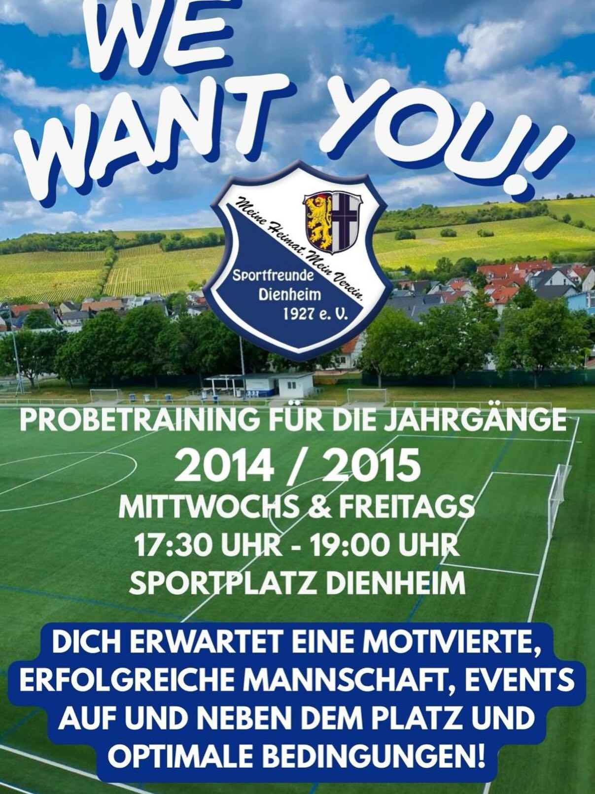 Bock auf eine geile Mannschaft und einen Verein, der für Zusammenhalt auf und neben dem Platz steht?
Dann komme mittwochs oder freitags zu den genannten Zeiten auf den Platz und zeig, was du kannst 💙🤍
Du hast vorab Fragen? Per Mail beantworten wir dir diese gerne!
djugend@sportfreunde-dienheim.de
#sportfreunde #dienheim #meineheimatmeinverein #fussball #fussballliebe