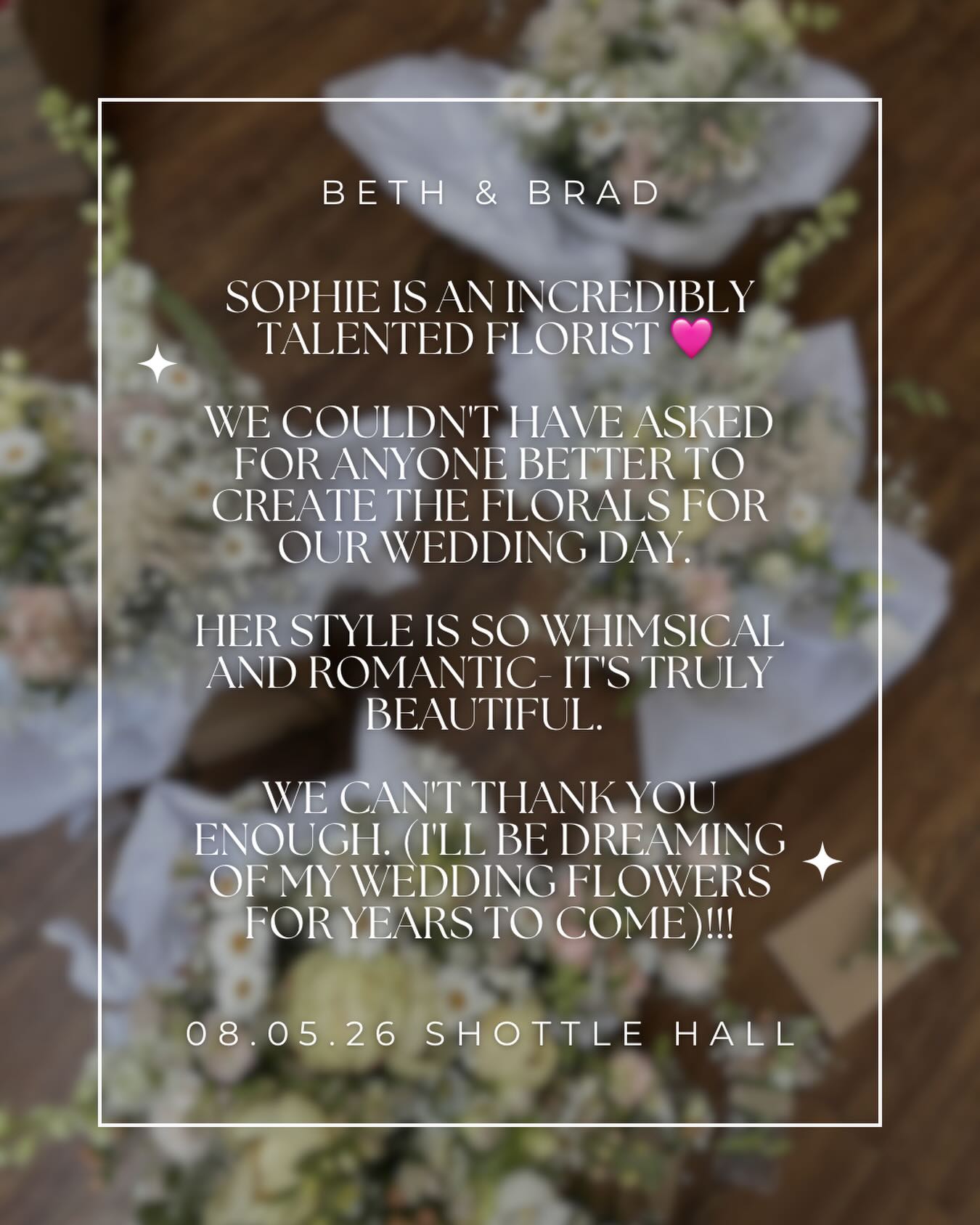 Receiving reviews like this from our wonderful couples honestly means the world 💕
It was such a joy and a privilege to play a small part in your beautiful wedding day last Friday, and I’m so pleased you loved the flowers and our style as much as we loved creating them for you.
As a small business, reviews really do make such a difference — not only do they support us more than you know, but they also help future couples find us too.
So, if any of our lovely previous couples or anyone who has ever ordered or received flowers from me have a spare moment and would be happy to leave a Google review, I would be so incredibly grateful. Every kind word genuinely means so much 🤍
Thank you for trusting us to flower your special moments ✨