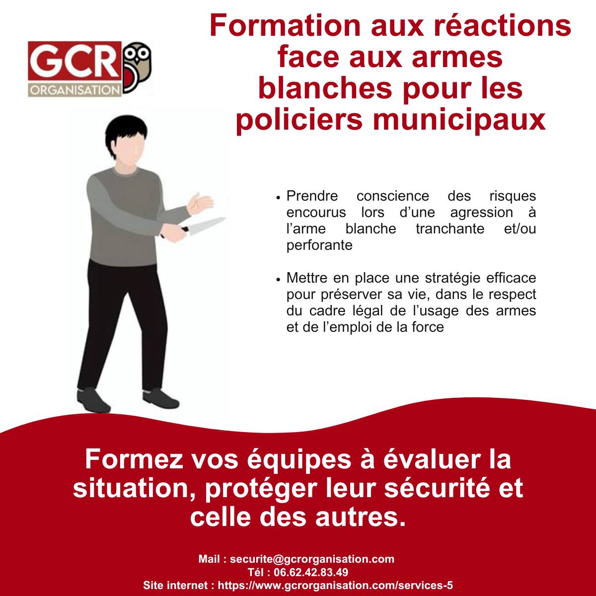 Formation aux réactions face aux armes blanches pour les policiers municipaux 📢
- Prendre conscience des risques encourus lors d'une agression à l'arme blanche tranchante et/ou perforante;
- Mettre en place une stratégie efficace pour préserver sa vie, dans le respect du cadre légal de l'usage des armes et de l'emploi de la force.
Formez vos équipes à évaluer la situation, protéger leur sécurité et celle des autres.
Vous souhaitez des renseignements à ce sujet ?
Veuillez nous contacter à l'adresse mail : securite@gcrorganisation.com
Retrouvez le détail de nos formations en suivant ce lien 👉 https://www.gcrorganisation.com/services-5
#formation #FormationProfessionnelle #pédagogie #securite #agression #agressivité #armesblanches #policemunicipale