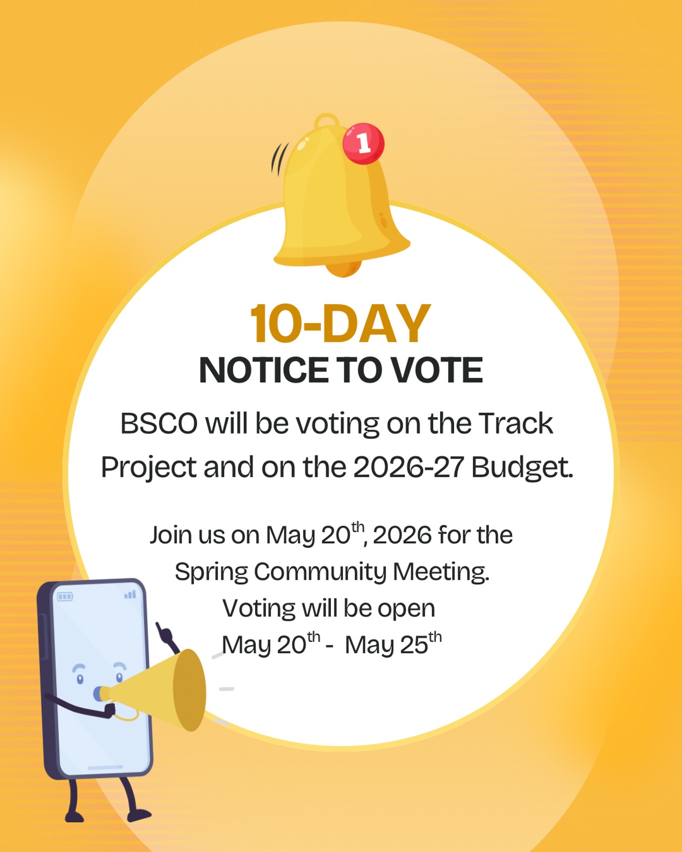 Friendly reminder that BSCO’s last community meeting of the year is next week - Wednesday, May 20th at 7 pm via Zoom! We will be discussing important budget updates and asking the community to vote on the proposed track improvement project. 💵🗳️ Don’t miss out on this opportunity to chime in! Keep an eye out for the voting link!