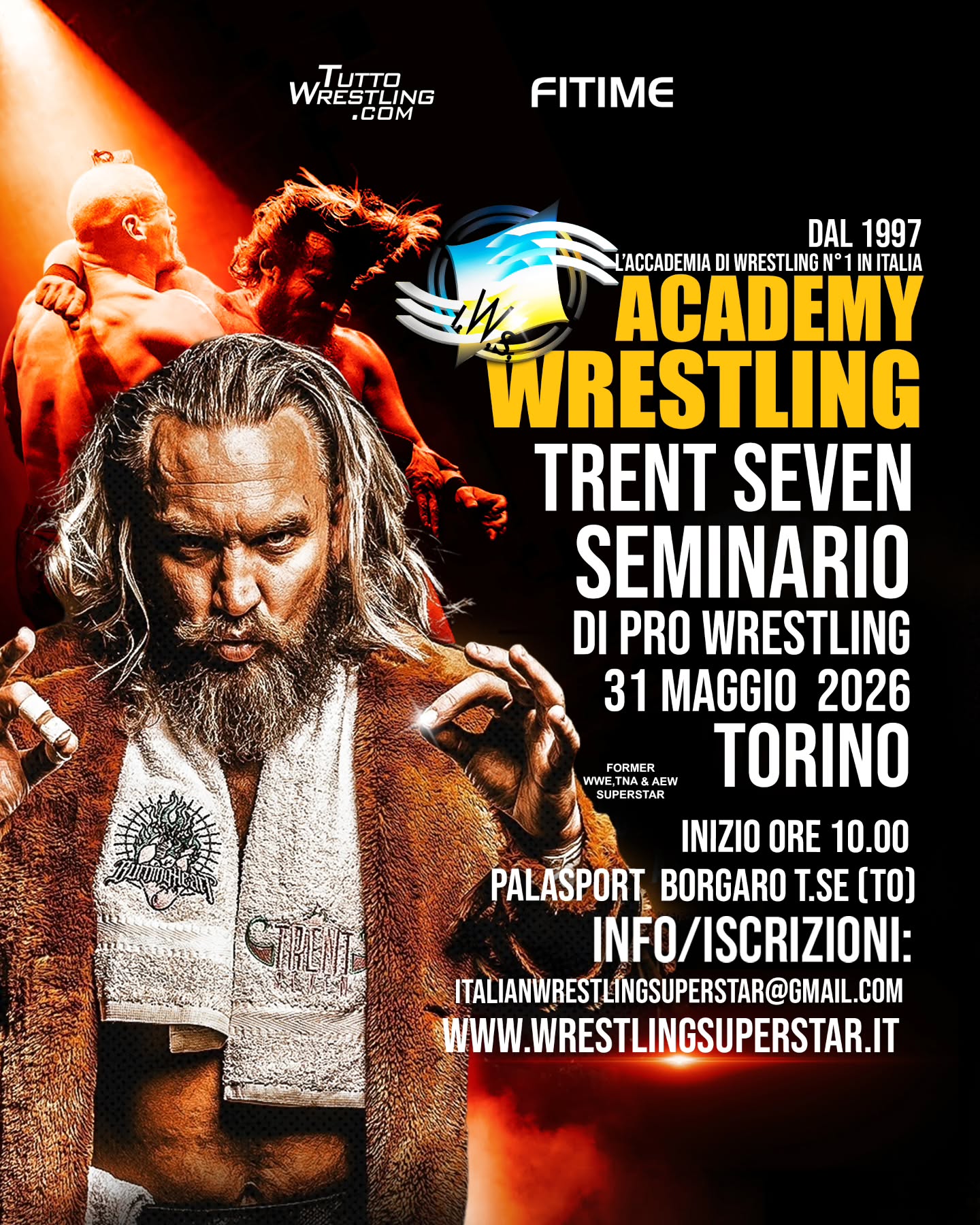 🚨 PER LA PRIMA VOLTA A TORINO 🚨
Dopo gli storici seminari IWS arriva un nuovo appuntamento internazionale sul ring della scuola di wrestling n°1 in Italia dal 1997.
🔥 Domenica 31 Maggio 2026
📍 Torino – Palasport Borgaro T.se
🕙 Inizio ore 10:00
L’Academy Wrestling IWS è orgogliosa di annunciare un seminario esclusivo con la Eurostar Trent Seven 🇬🇧
Uno dei wrestler britannici più conosciuti al mondo, protagonista in:
⚡ WWE / NXT UK
⚡ TNA Wrestling
⚡ AEW
⚡ PROGRESS Wrestling
⚡ RevPro
Fondatore del British Strong Style e performer riconosciuto a livello internazionale per tecnica, storytelling, psicologia del match e presenza scenica.
Dopo lo SHOWDOWN… arriva il momento di imparare direttamente sul ring con uno dei migliori wrestler europei degli ultimi anni.
💥 Un’occasione unica aperta a tutti i livelli: ✔
⏳ Durata seminario: circa 2 ore e 30 minuti
💰 Quota partecipazione: 30€
⚠ POSTI LIMITATI ⚠
📩 INFO & ISCRIZIONI:
italianwrestlingsuperstar@gmail.com
Per richiedere la prenotazione inviare:
• Nome e cognome
• Età
• Numero di telefono
Una volta ricevuta la richiesta verranno inviati i dettagli per confermare la reservation del posto.
⚠ La prenotazione sarà confermata solo dopo verifica della quota di adesione.
Impara dai migliori.
Vivi il wrestling professionistico.
Entra sul ring della storia.
🌍 Academy Wrestling IWS
La scuola di wrestling n°1 in Italia dal 1997.
#TrentSeven #Seminar #Wrestling #torino #Academy