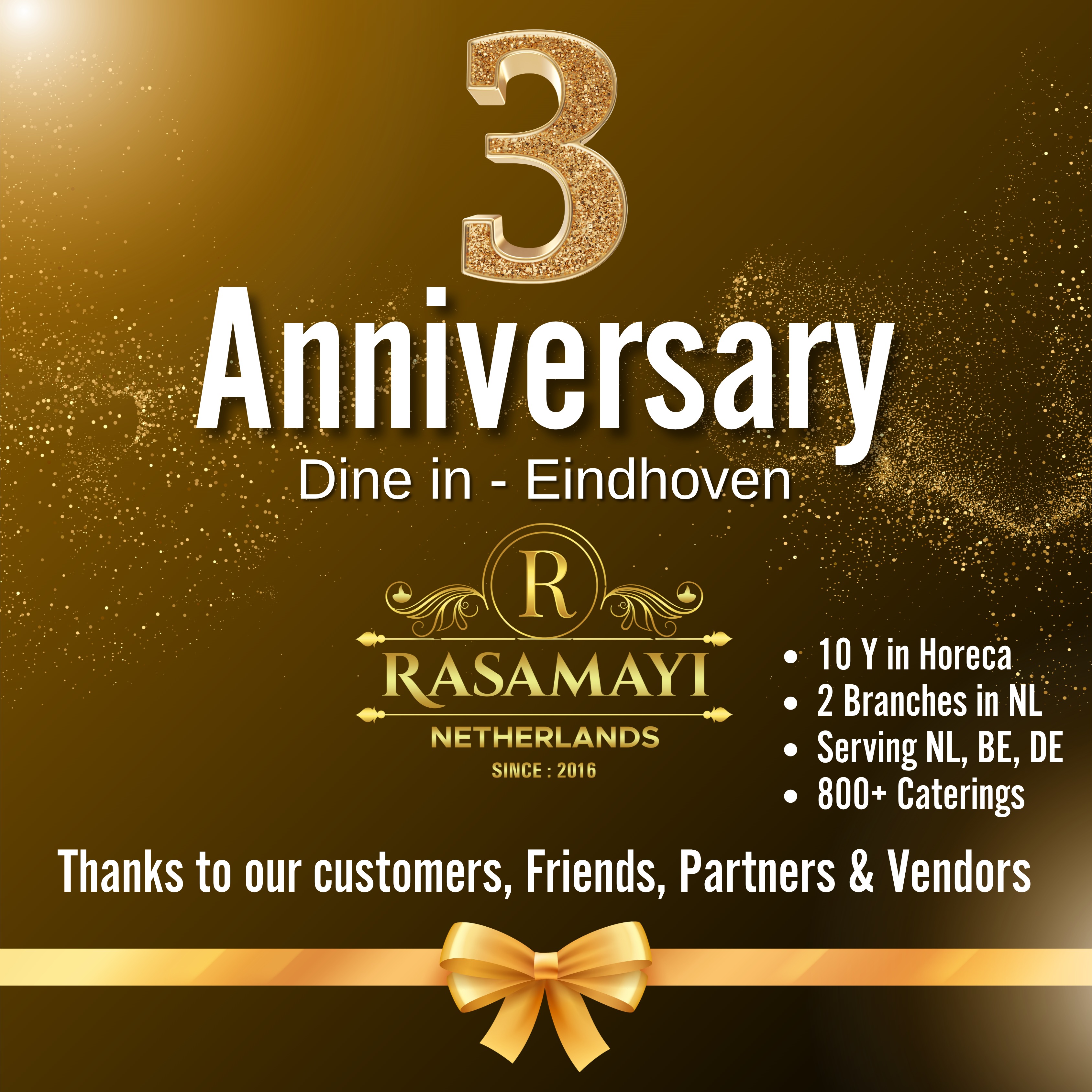 Dear All, With your continued support and trust, we are proud to celebrate 3 successful years of our dine‑in location in Eindhoven.
Thank you to each and every one of you for being a part of our journey. 🙏 - Rasamayi Foods.
#indiansineindhoven#indianfoodie #indianrestaurant #anniversaire #southindian #rasamayinl#virałpost #indiansinalmere