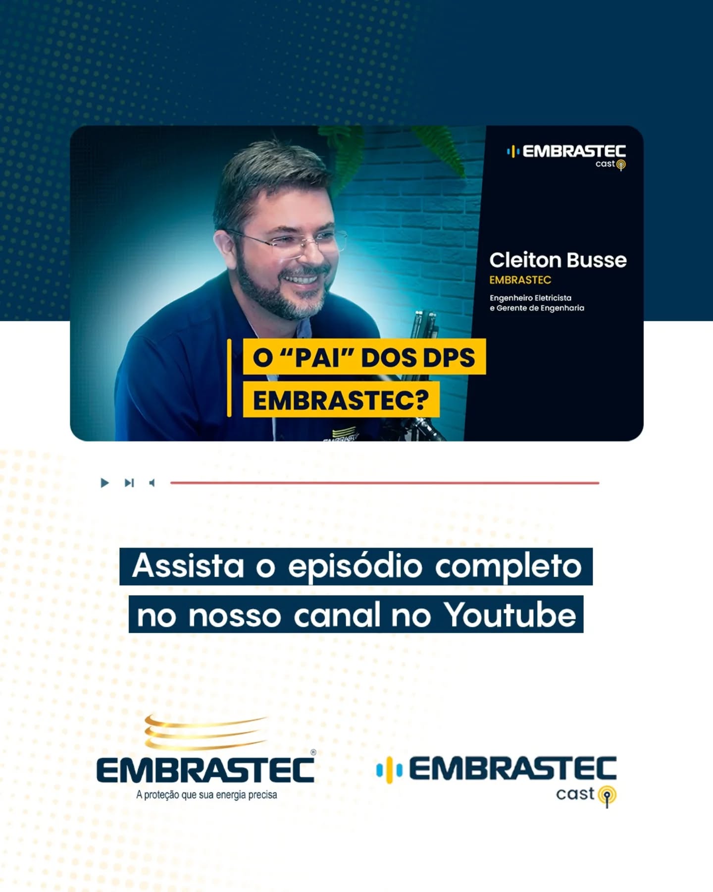 Já está no ar o Embrastec Cast #17!
Você conhece o que está por trás do desenvolvimento dos DPS da Embrastec?
Neste episódio, o engenheiro Sergio Roberto Silva dos Santos recebe Cleiton Busse, engenheiro eletricista, responsável técnico e gerente de engenharia, que há 16 anos acompanha de perto a evolução das soluções de proteção contra surtos da EMBRASTEC.
De auxiliar de produção à liderança técnica, uma trajetória que mostra como a engenharia aplicada faz a diferença na prática.
▶️ Assista agora e conheça o que está por trás da proteção que chega até você.
Link na bio.
#EmbrastecCast #DPS #EngenhariaEletrica #ProtecaoEletrica Embrastec