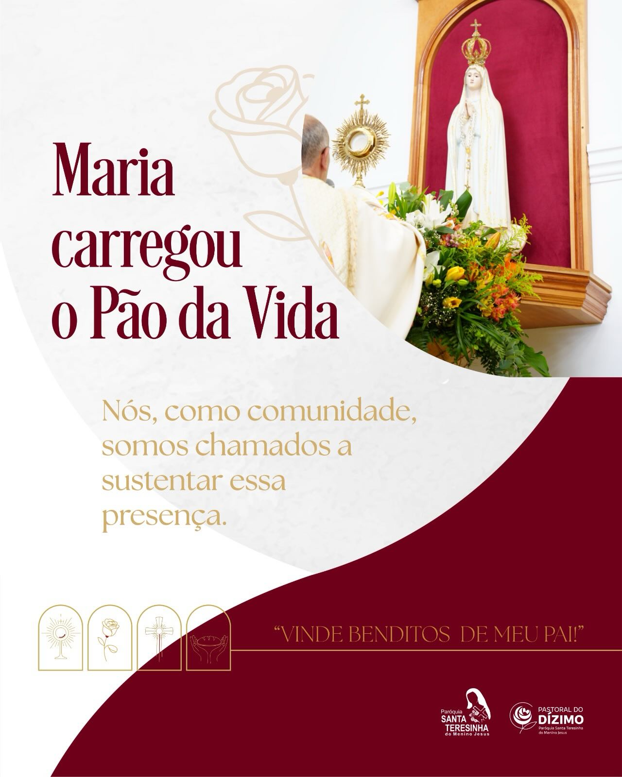 Você já parou para pensar que Maria foi o primeiro Tabernáculo da história? ✨
Ao dizer o seu “Sim” a Deus, ela não apenas carregou Jesus em seu ventre; ela sustentou, protegeu e cuidou da presença do Pão da Vida no mundo. Hoje, como família paroquial, recebemos essa mesma missão: ser o lugar onde Jesus habita e é adorado.
Maria nos ensina que carregar Cristo exige cuidado e entrega. Como comunidade, somos nós os responsáveis por garantir que o Altar esteja sempre pronto, que a Igreja esteja de portas abertas e que o sacrifício eucarístico seja celebrado com toda a dignidade.
O seu dízimo é o gesto concreto que sustenta essa presença vibrante em nossa amada paróquia.
Ser Cidadão do Céu é amar a Eucaristia. Ser Benfeitor da Terra é sustentar o lugar onde o Céu toca a terra todos os dias. 🌹🙌
Neste mês de maio, ao olharmos para Maria, perguntemo-nos: “Como posso ajudar a sustentar a presença de Jesus em minha paróquia?”. Sua fidelidade no dízimo é a resposta de amor que mantém nosso coração comunitário batendo forte.
“Vinde, benditos de meu Pai!” — Tomemos posse do Reino cuidando com amor da nossa Casa Eucarística.